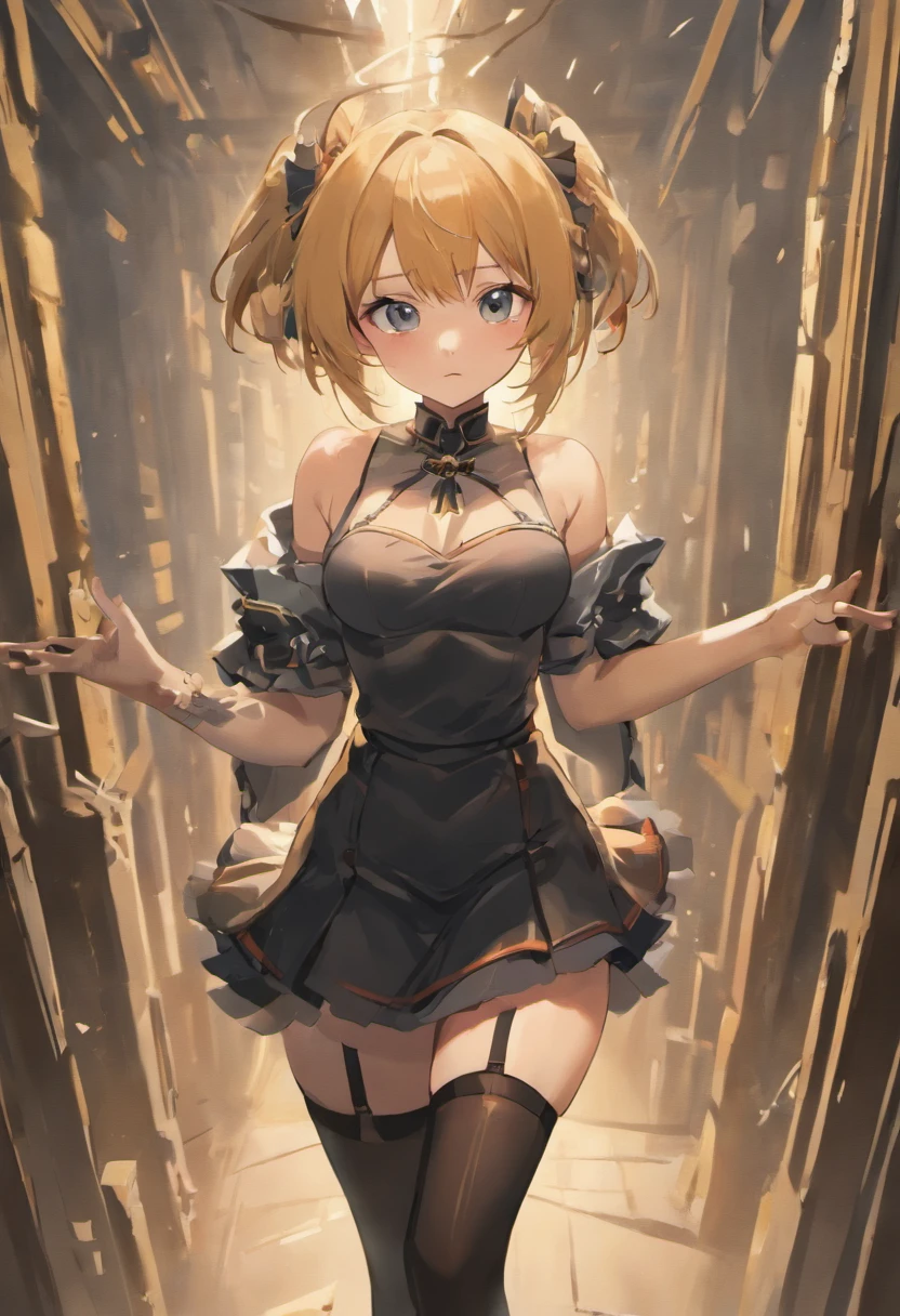 (best quality,4k,8k,highres,masterpiece:1.2),ultra-detailed,(realistic,photorealistic,photo-realistic:1.37), black stockings, bare shoulders, exposed chest, skirt hem shown