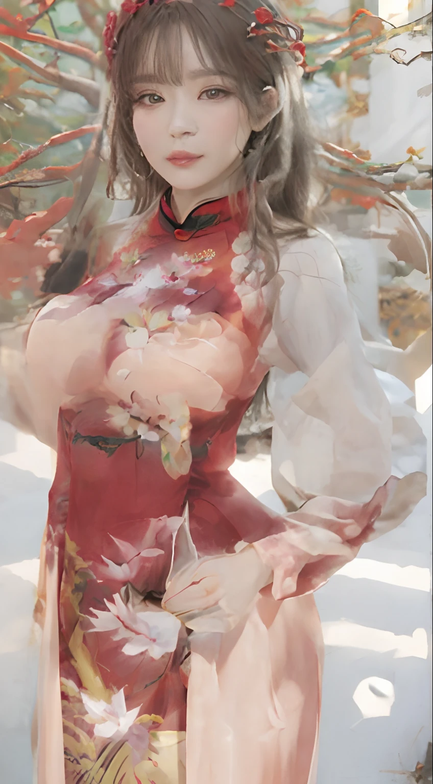 There was a woman in a red cheongsam with one hand at the waist, Bigchest,extremely detailed goddess shot, 4 K detail fantasy, asian hyperdetailed, 8k octae render photo, high texture detail), Japanese goddess, 8k detail, 8 k detail, full-body xianxia, 8k insane detail, extra detailed body, hyper-detailed fantasy character, inspired by Park Hua