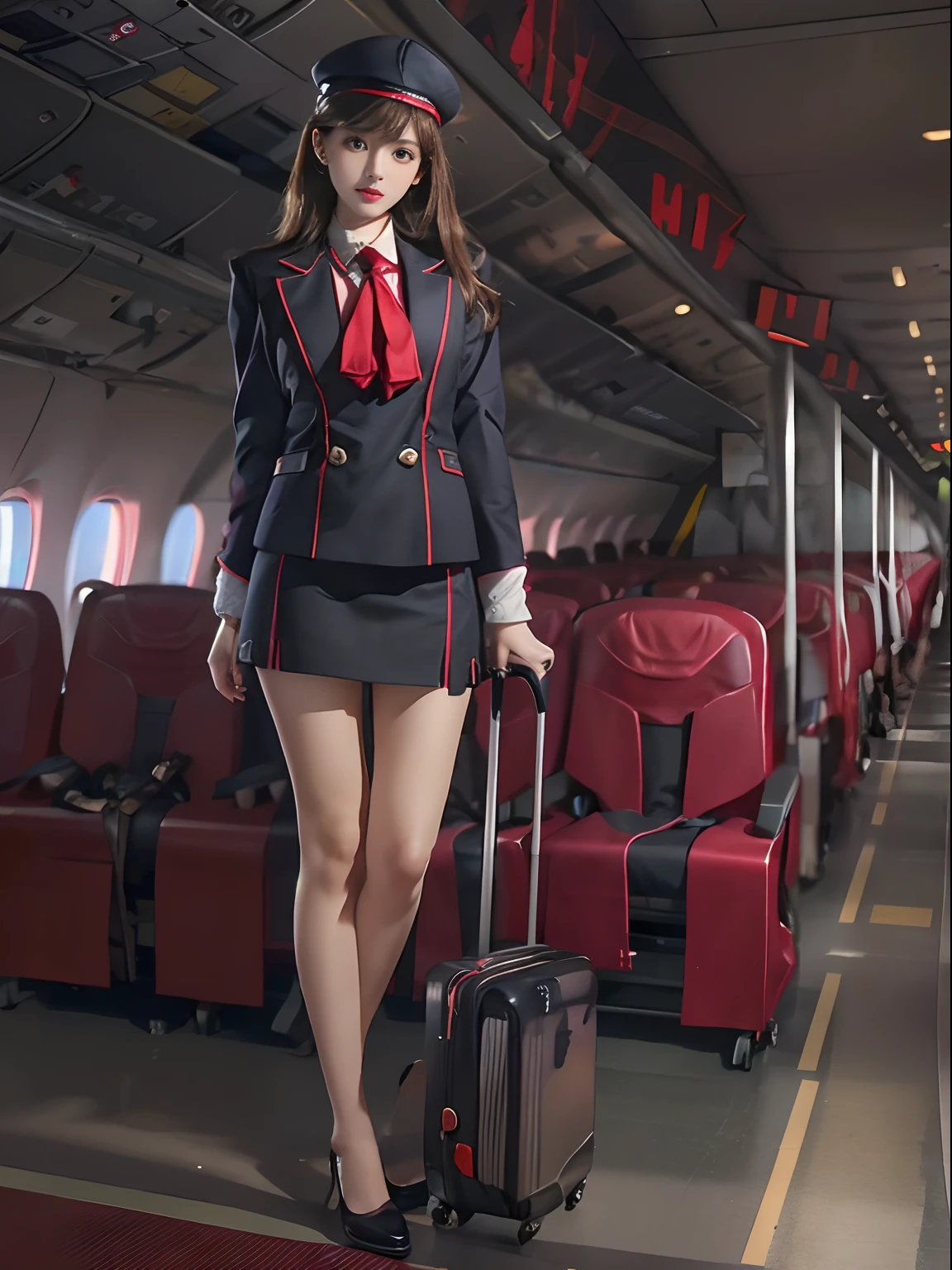 (Best quality: 1.1), (Realistic: 1.1), (Photography: 1.1), (highly details: 1.1), (1womanl), Airline flight attendant,Red coat,Short skirt,black lence stockings,bent down,mix4,plan,In the plane,Hat