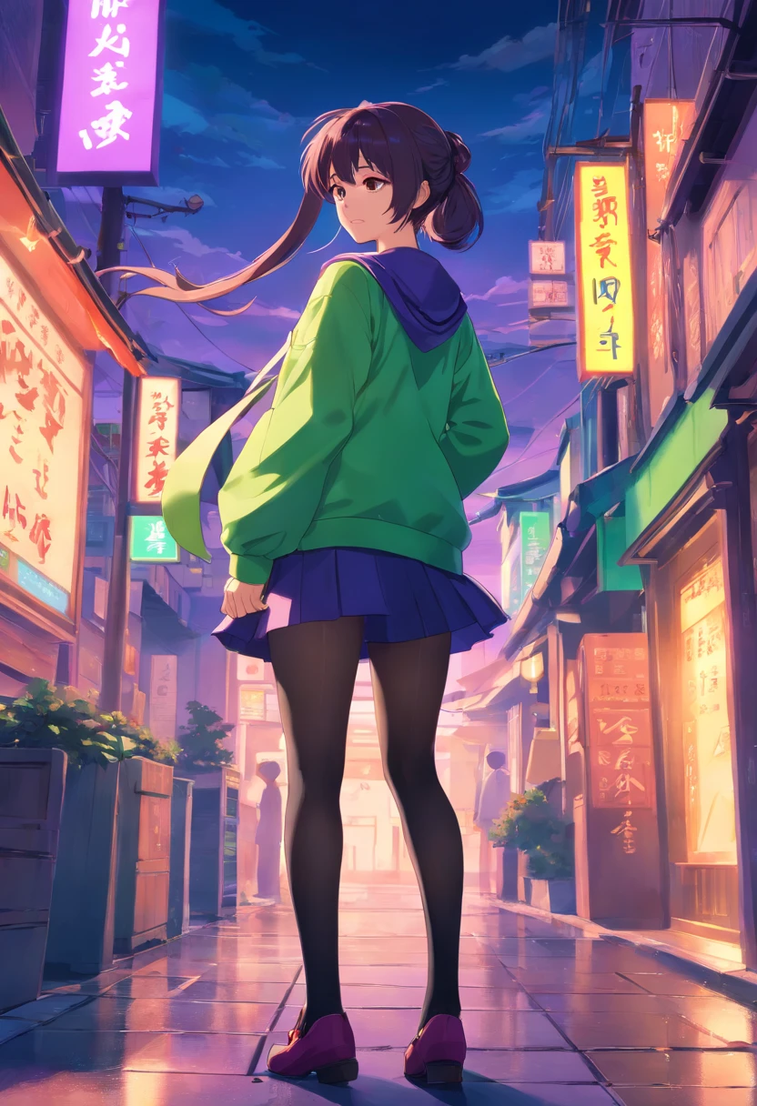 cabelos preto e longos,Side Ponytail,Purple and green clothes,china style,black lence stockings,444 Hz, Beautiful, Breathtaking, Highly detailed, 8K, Use, affectionate, Ultra photo realsisim, Scenery