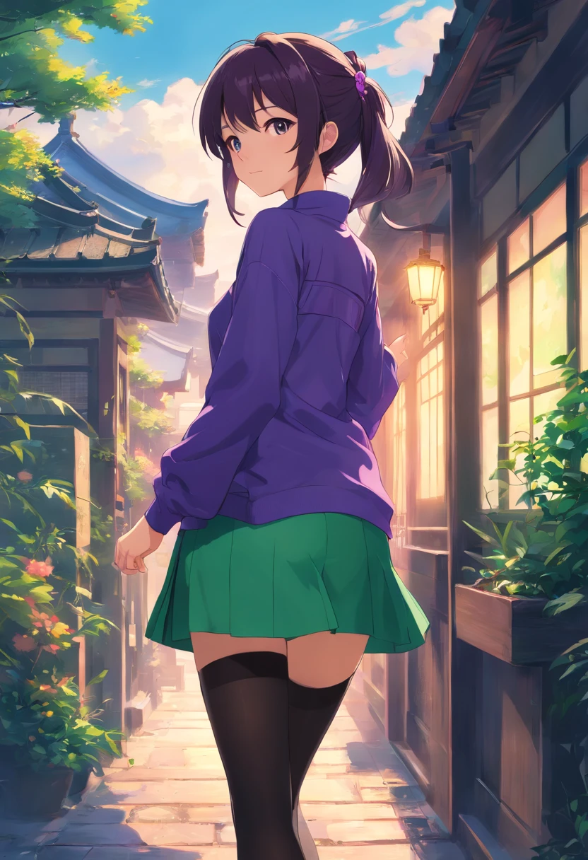 cabelos preto e longos，Side Ponytail，Purple and green clothes，china style，black lence stockings，444 Hz, Beautiful, Breathtaking, Highly detailed, 8K, Use, affectionate, Ultra photo realsisim, Scenery