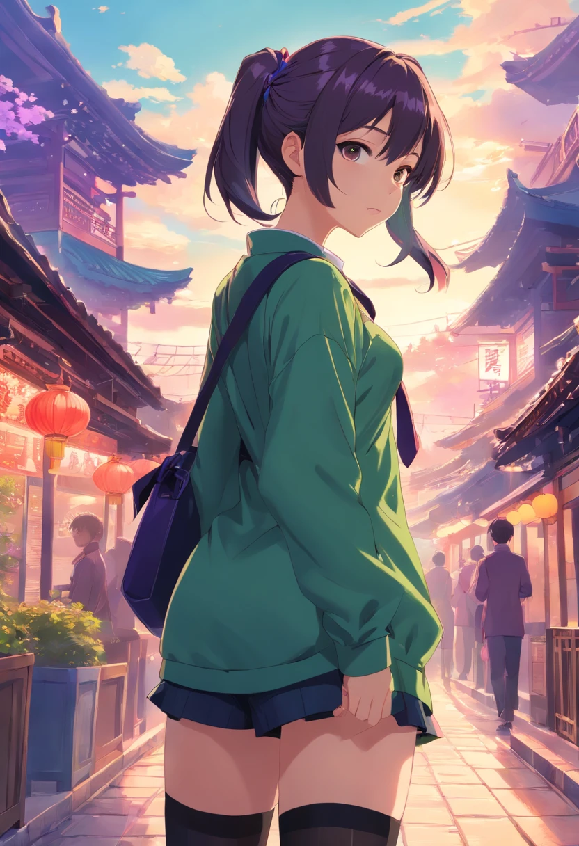 cabelos preto e longos,Side Ponytail,Purple and green clothes,china style,black lence stockings,444 Hz, Beautiful, Breathtaking, Highly detailed, 8K, Use, affectionate, Ultra photo realsisim, Scenery