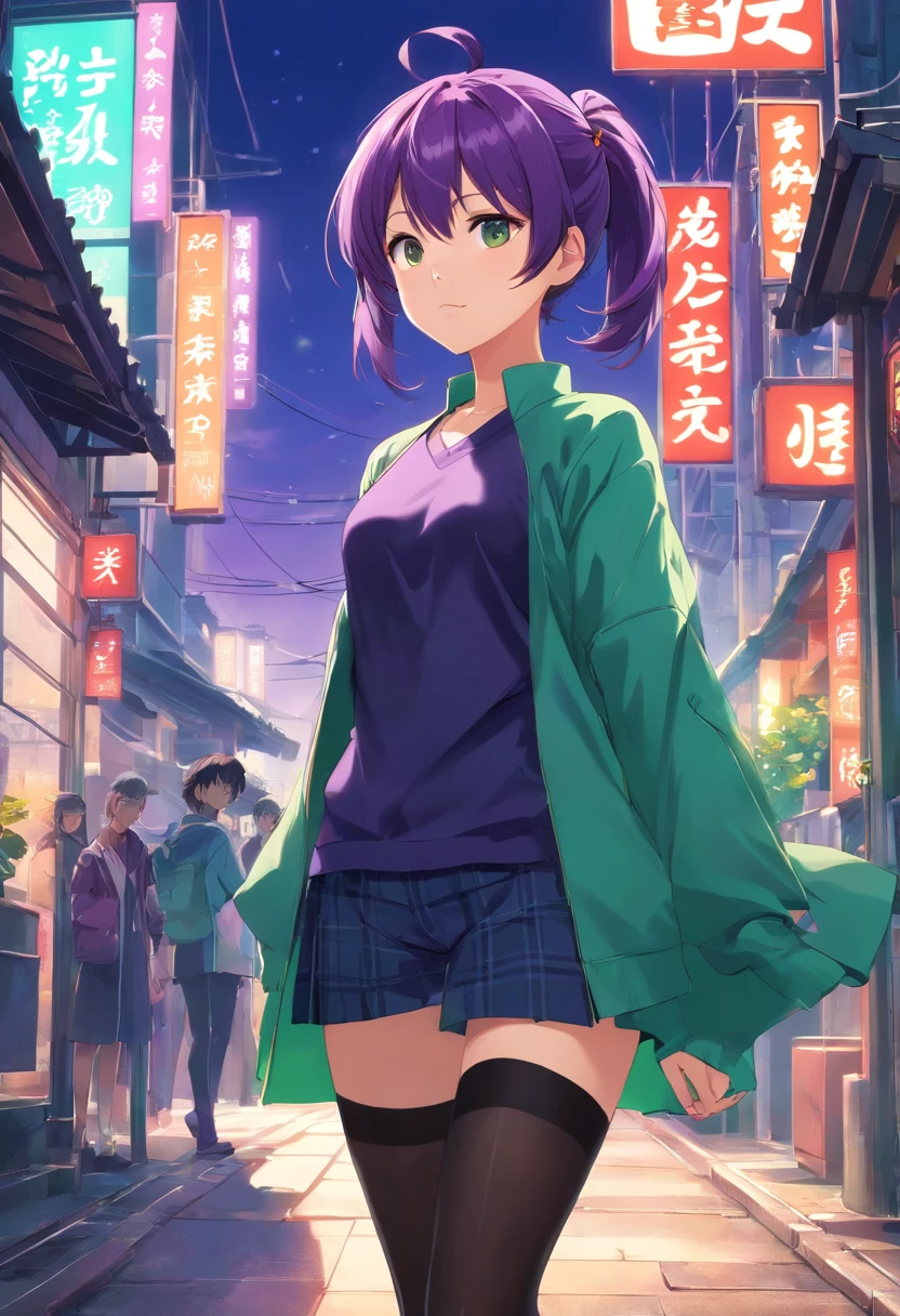 cabelos preto e longos,Side Ponytail,Purple and green clothes,china style,black lence stockings,444 Hz, Beautiful, Breathtaking, Highly detailed, 8K, Use, affectionate, Ultra photo realsisim, Scenery