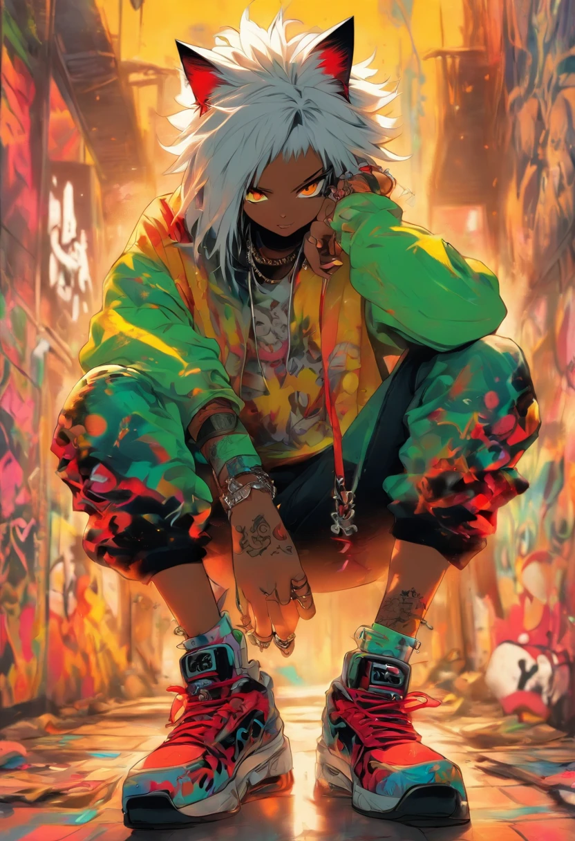 A cool and trendy cat, white hair, yellow eyes, wearing trendy hip hop clothing, wearing a hoodie, graphic t-shirt and torn jeans, tons of tattoos and piercings, graffiti style background, highly detailed background, perfect masterpiece, high quality, high resolution