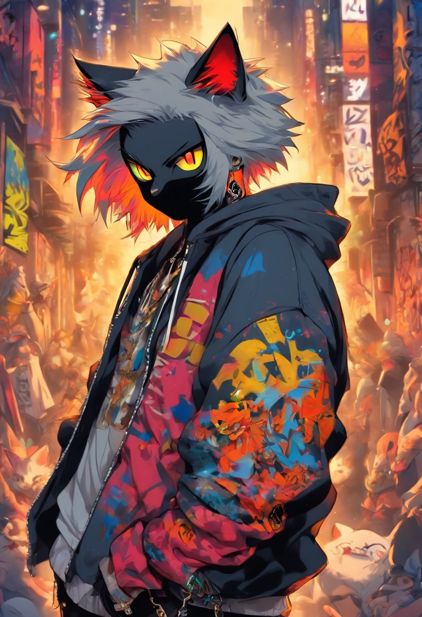 A cool and trendy cat, white hair, yellow eyes, wearing trendy hip hop clothing, wearing a hoodie, graphic t-shirt and torn jeans, tons of tattoos and piercings, graffiti style background, highly detailed background, perfect masterpiece, high quality, high resolution