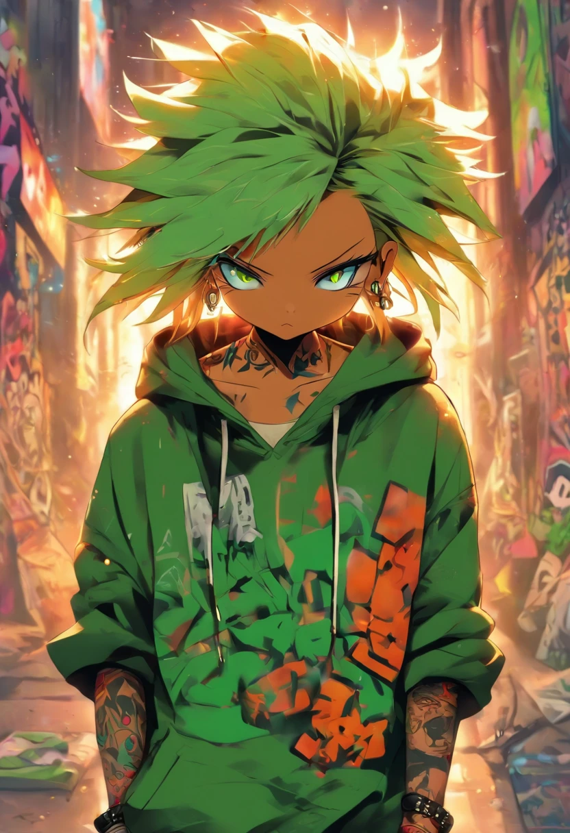 A cool and trendy cat, platinum hair, green eyes, wearing trendy hip hop clothing, wearing a hoodie, graphic t-shirt and torn jeans, tons of tattoos and piercings, graffiti style background, highly detailed background, perfect masterpiece, high quality, high resolution