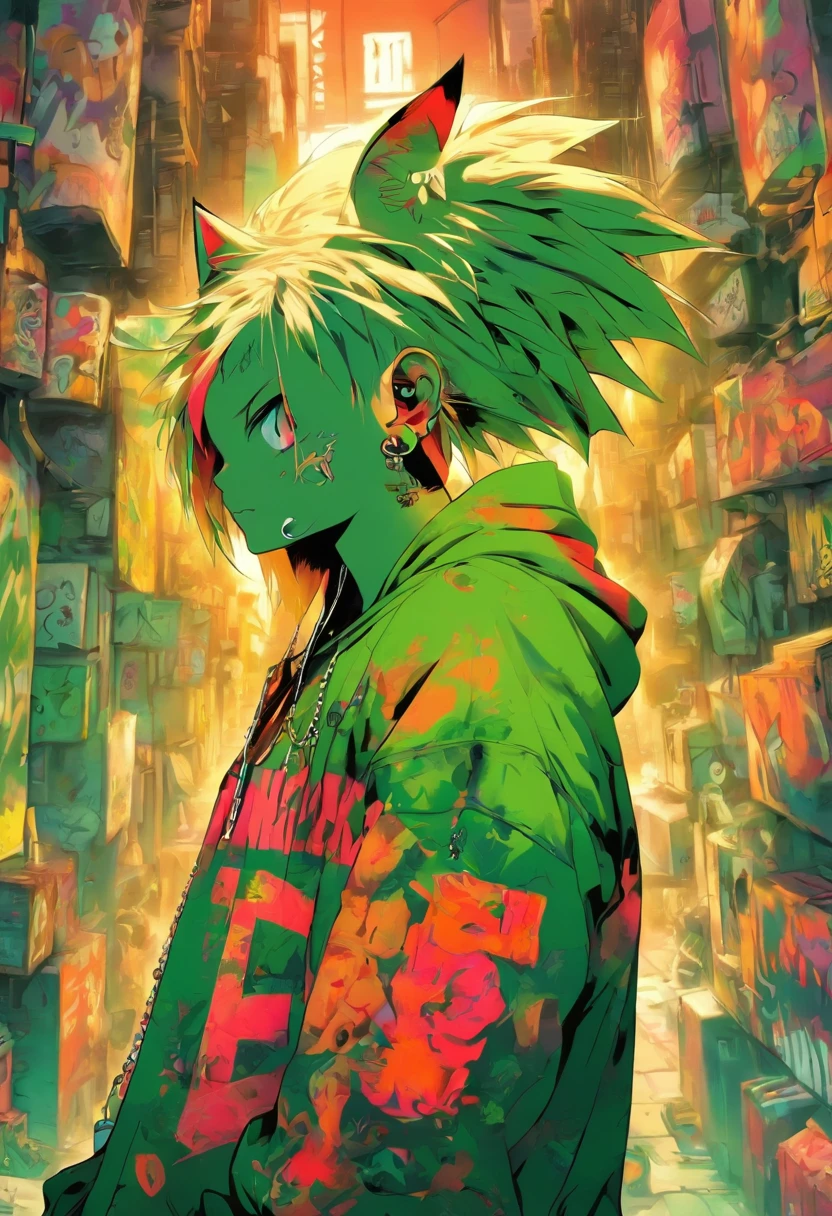 A cool and trendy cat, platinum hair, green eyes, wearing trendy hip hop clothing, wearing a hoodie, graphic t-shirt and torn jeans, tons of tattoos and piercings, graffiti style background, highly detailed background, perfect masterpiece, high quality, high resolution