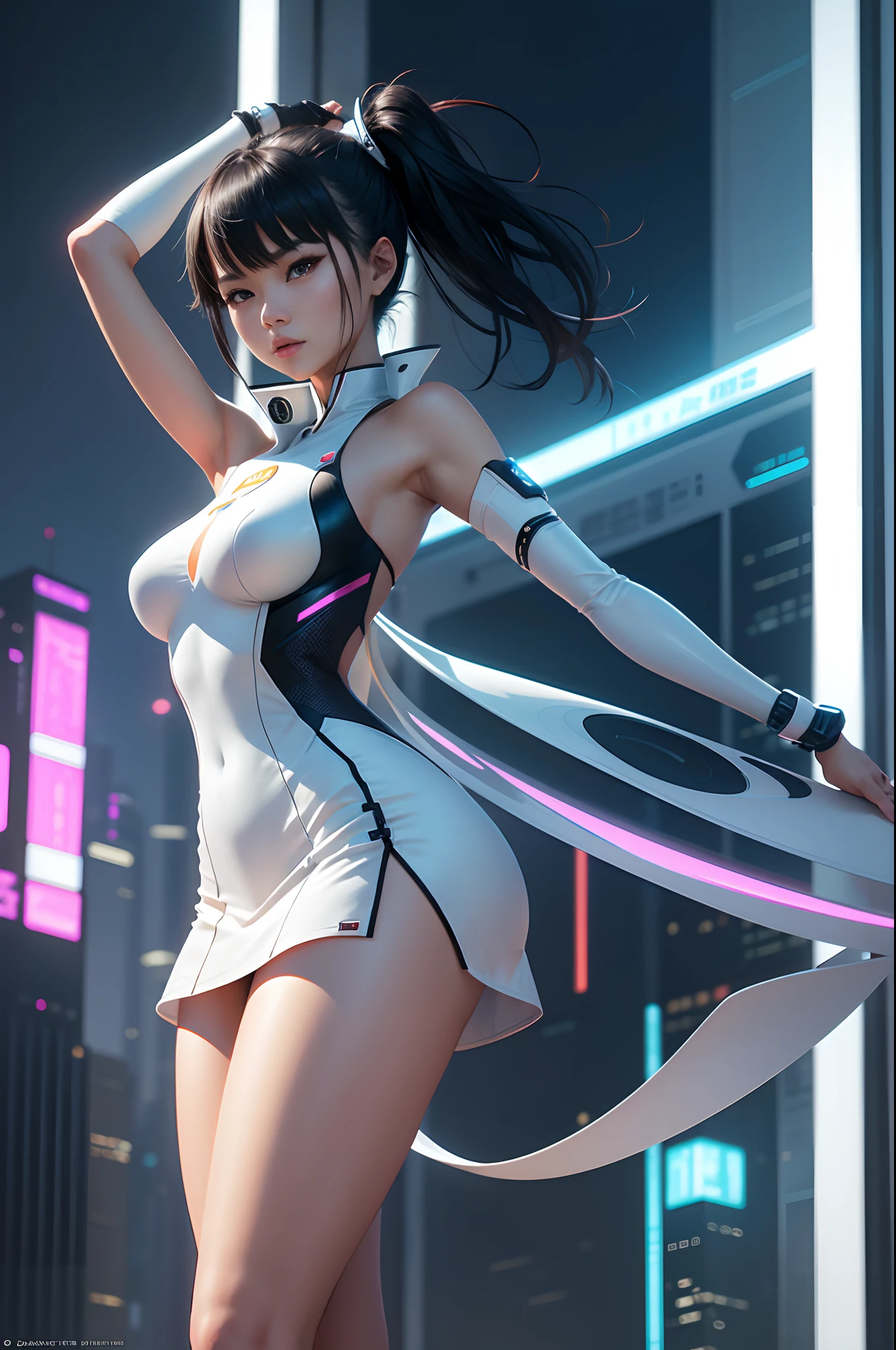 Asian woman in futuristic white clothes, Miniskirts balances, Standing on the edge of the roof of a skyscraper, arms stretched out, Neon Night, ciberpunk, makoto sinkai, Cinematic