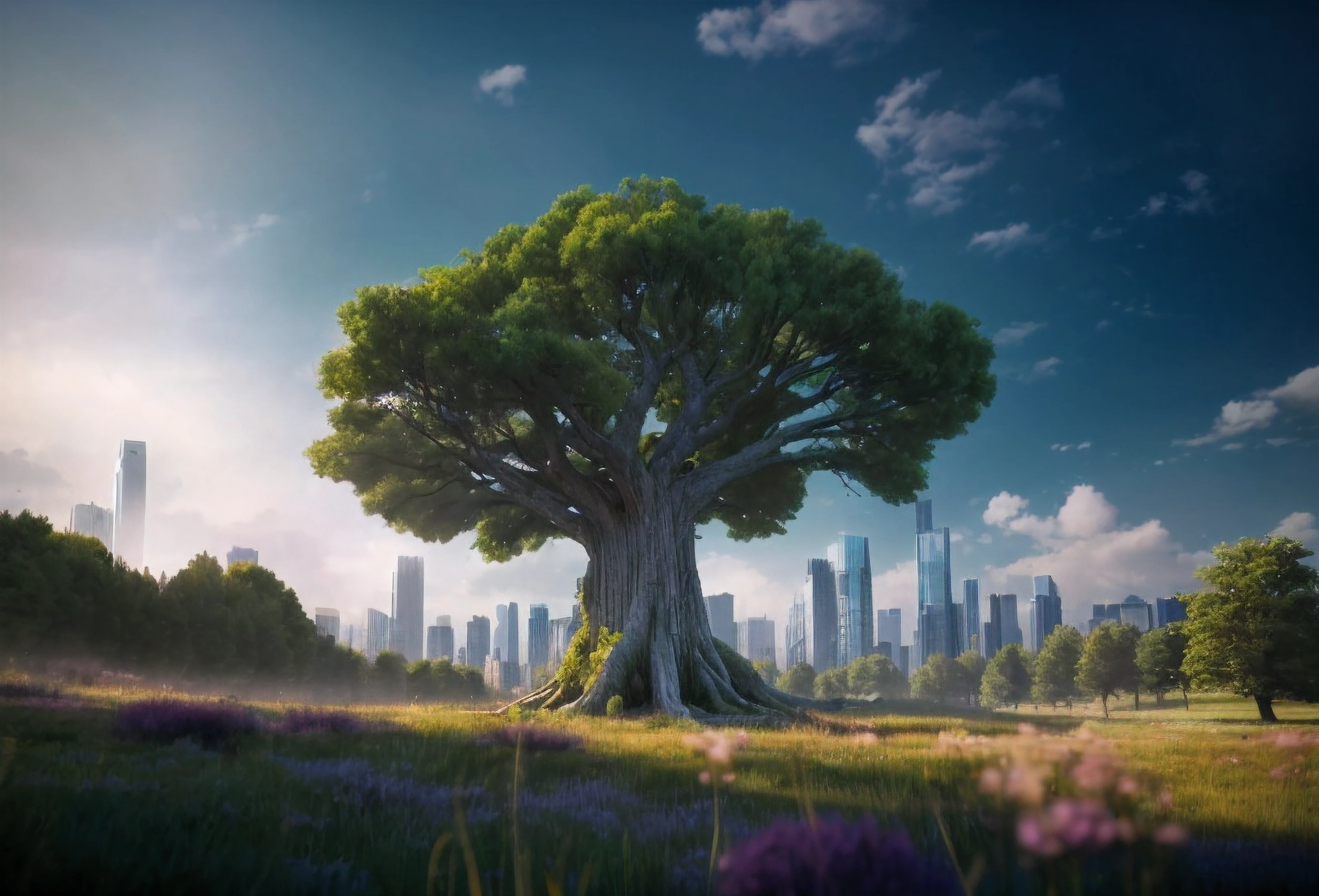 an old tree in the middle of a meadow. In the distance is the fresh modern city