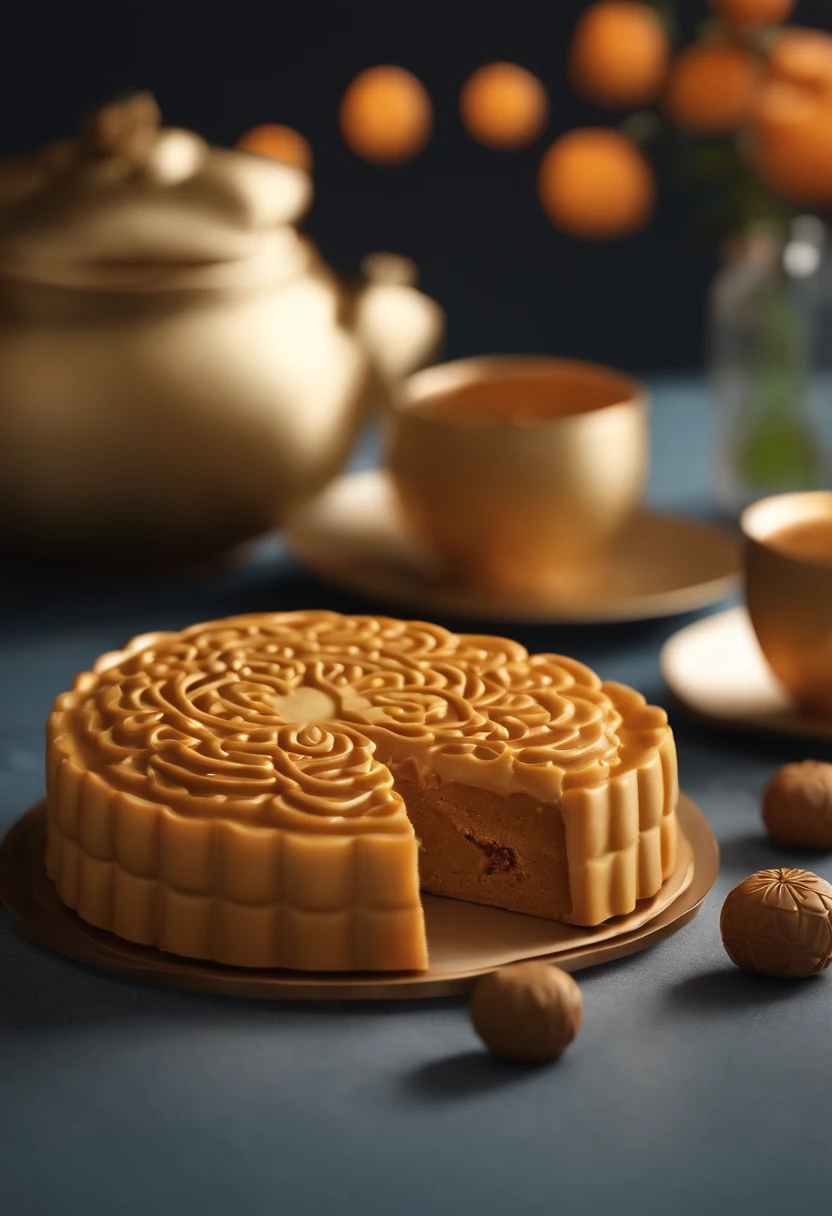 Create artistic depictions of mooncakes "Moon" On the surface of the cake, mid-autumn festival, Had a great time with the kids，Bright moon，best qualtiy，3D modeling rendering，C4D style，wide wide shot，8K