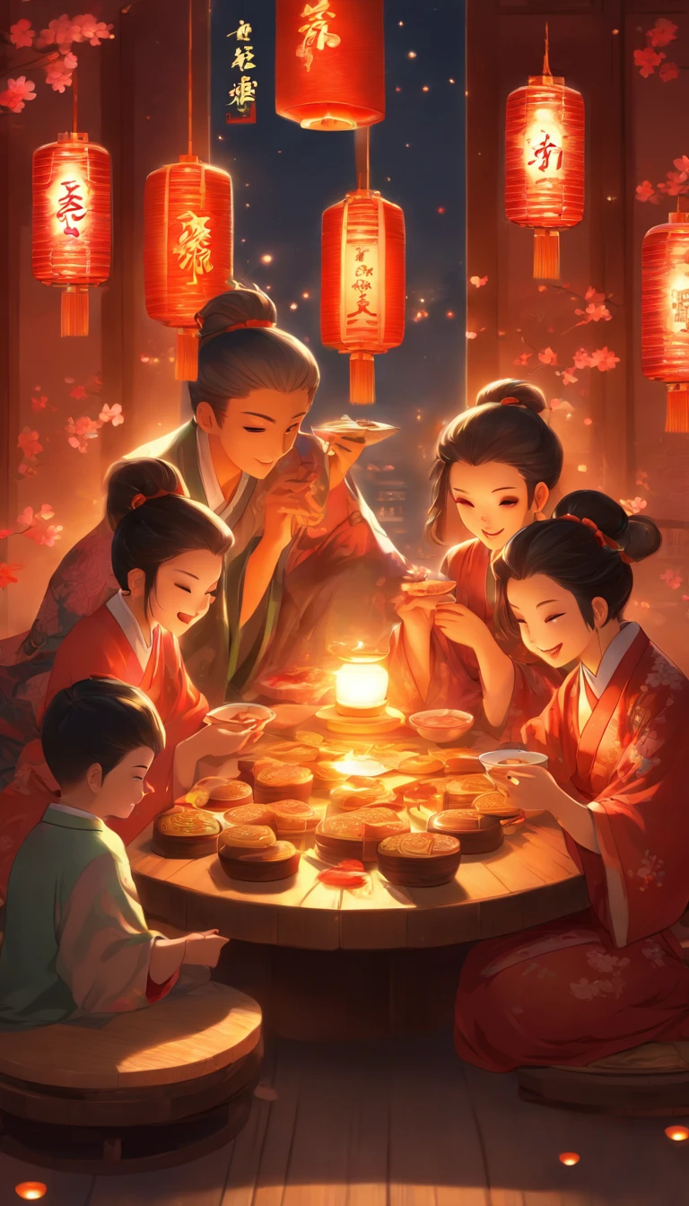 A family eats mooncakes,There are mooncakes on the table, Food in hand, tea drinking and paper lanterns, Bright moon,Chinese style painting, exciting illustration