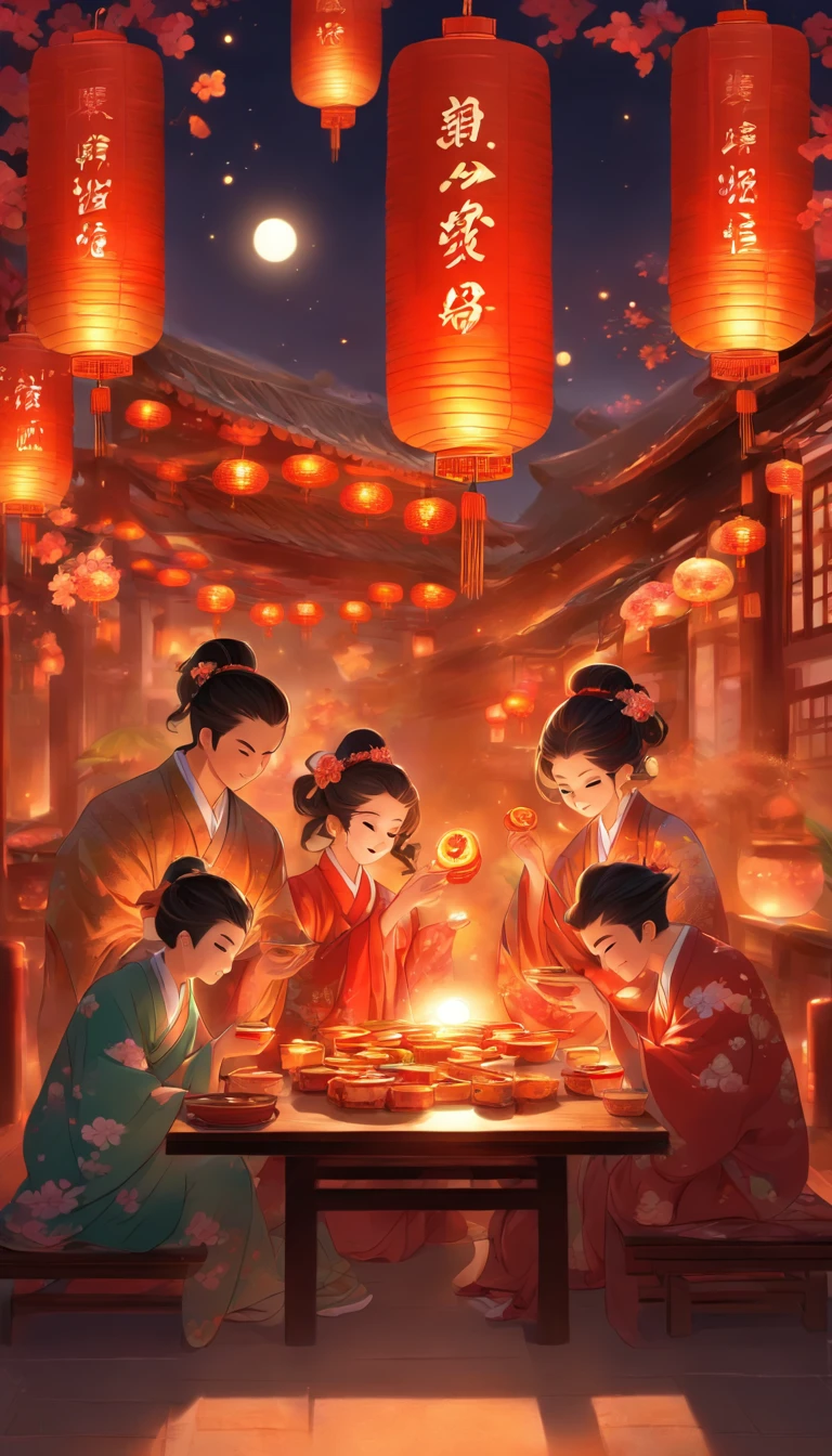A family eats mooncakes,There are mooncakes on the table, Food in hand, tea drinking and paper lanterns, Bright moon,Chinese style painting, exciting illustration