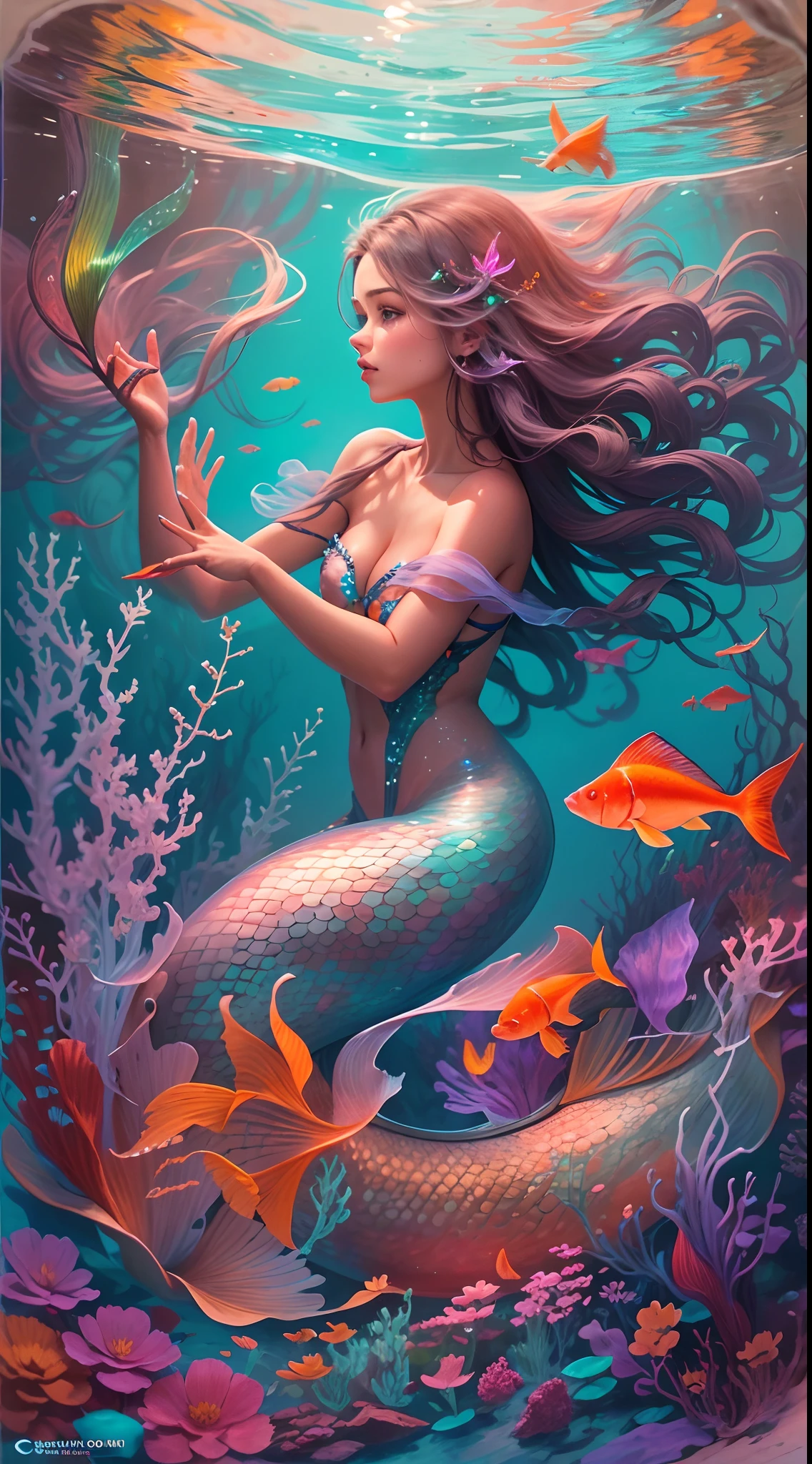 Hermosa mujer el fascinante mundo bajo la superficie del mar. Crea una escena encantadora con corales vibrantes, exotic fish, and maybe a beautiful mermaid or mythical sea creature. Use SeaArt techniques to add a dream, Calidad de otro mundo para la imagen.