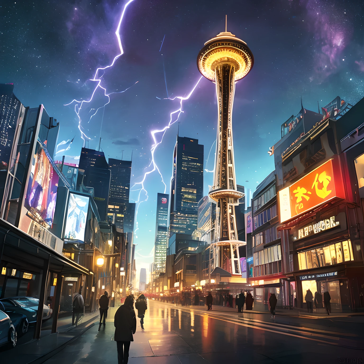 Isekai Space Needle、Space Needle of the near future、Space Needle、landmark、thunder clouds、lightning bolt、thunderstyle, simple purple background,　Space Needle floating in the night view of Seattle、fantasy art, The glowing Space Needle、Fantasy world of Seattle cityscape、from below, night sence, night city view, Composition with emphasis on the presence of the Space Needle、