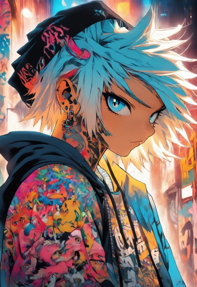 A cool and trendy cat, white hair, blue eyes, wearing trendy hip hop clothing, wearing a hoodie, graphic t-shirt and torn jeans, tons of tattoos and piercings, graffiti style background, highly detailed background, perfect masterpiece, high quality, high resolution