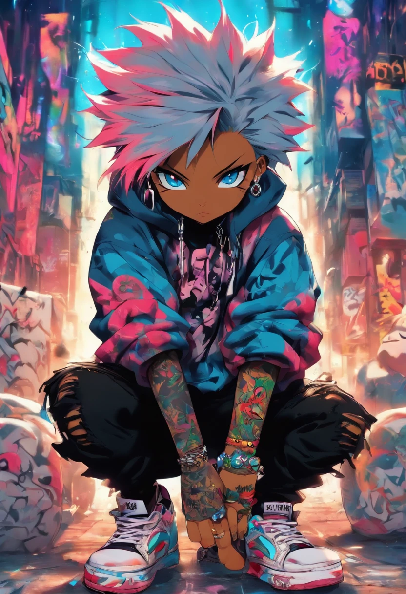 A cool and trendy cat, white hair, blue eyes, wearing trendy hip hop clothing, wearing a hoodie, graphic t-shirt and torn jeans, tons of tattoos and piercings, graffiti style background, highly detailed background, perfect masterpiece, high quality, high resolution