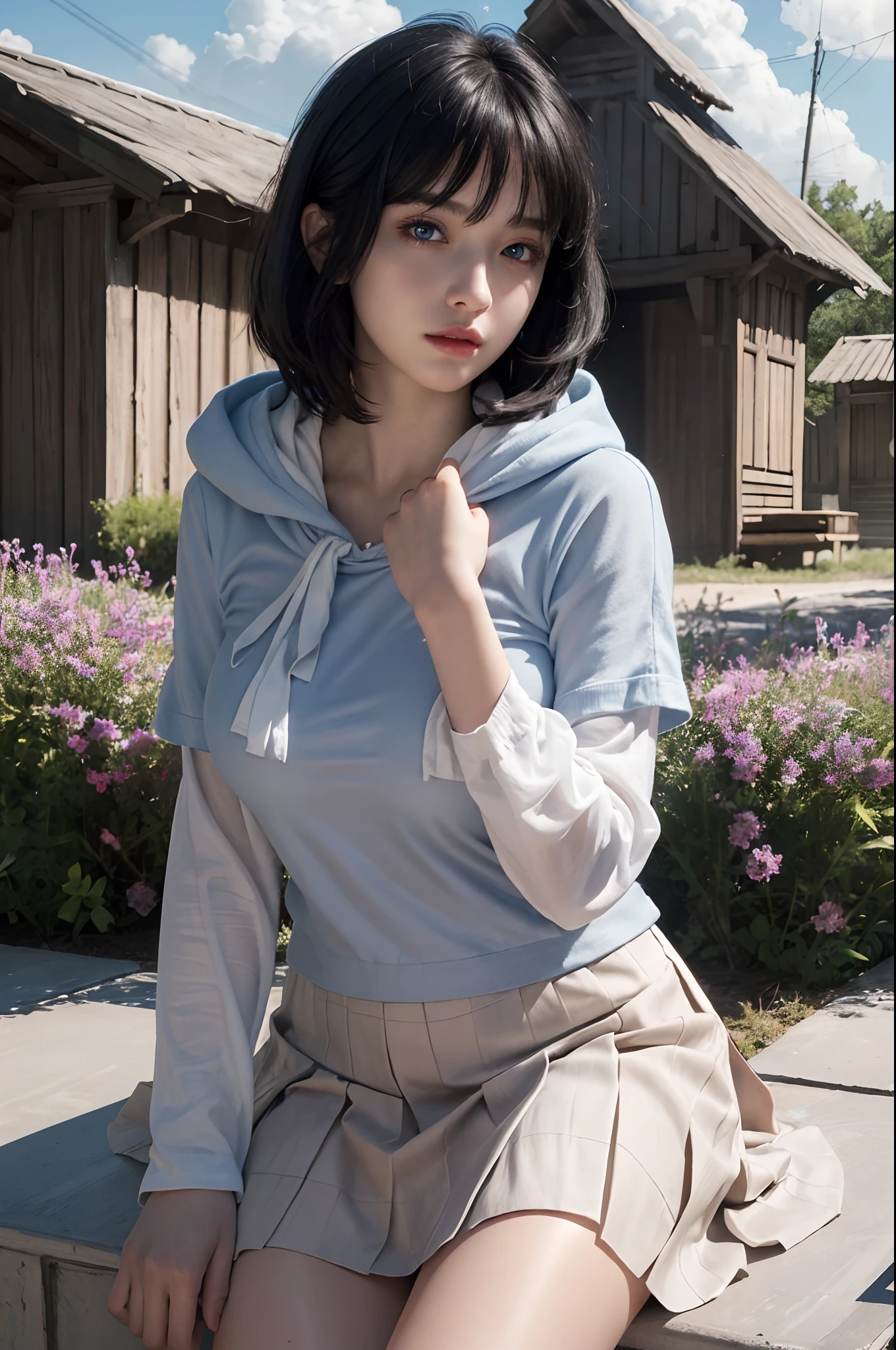 best quality, masterpiece, (photorealistic:1.4), 1girl, raw, ultra hd, dramatical light, glowing skin, big boobs, short straight black hair, bangs, light blue eyes color, short pleated skirt