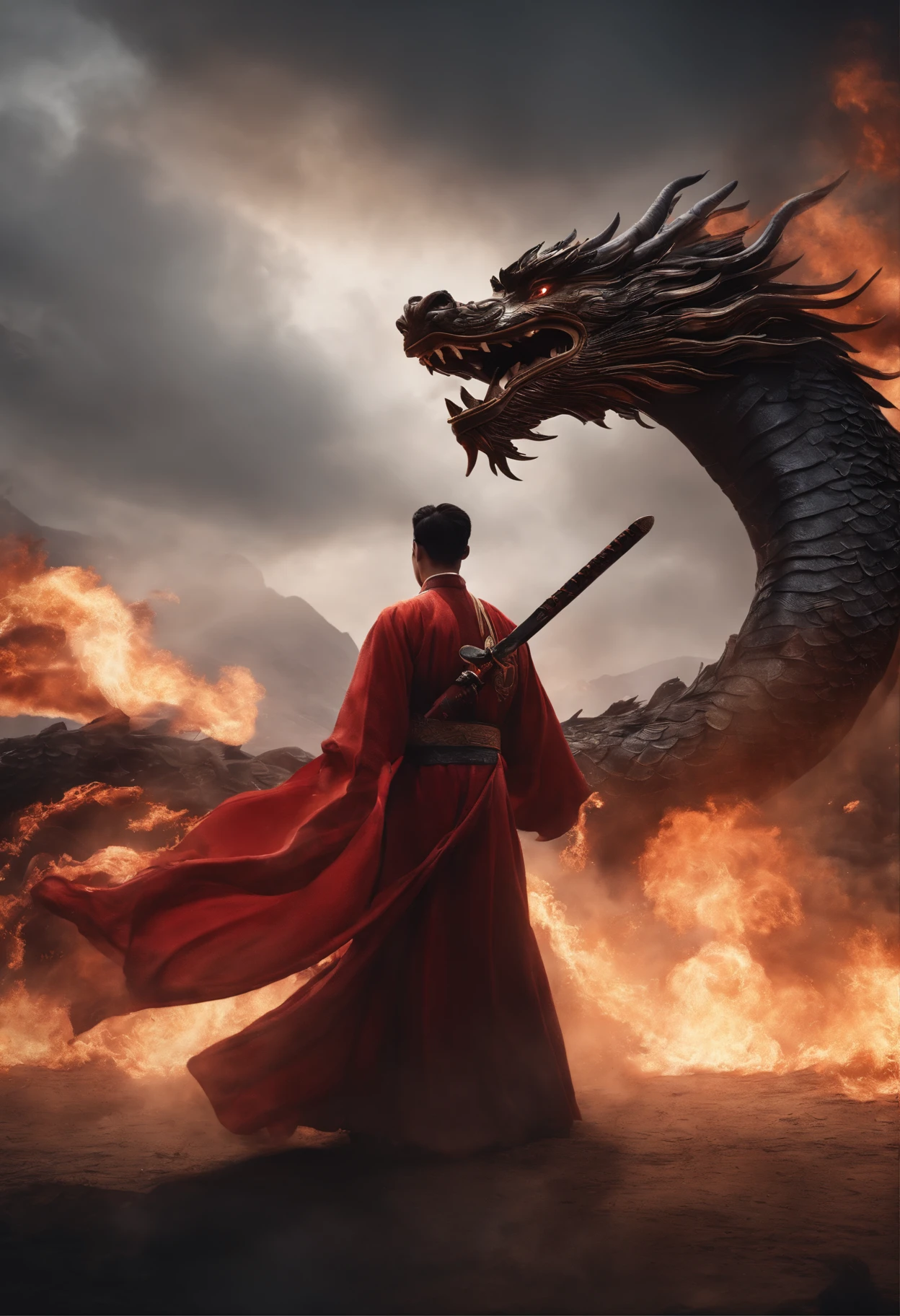 Young men（The male），Photorealsitic,  Gorgeous robes stirred in the wind, The sword, Burning eyes,War background image (disarray), full bodyesbian, A huge Chinese dragon behind him,8K，16K