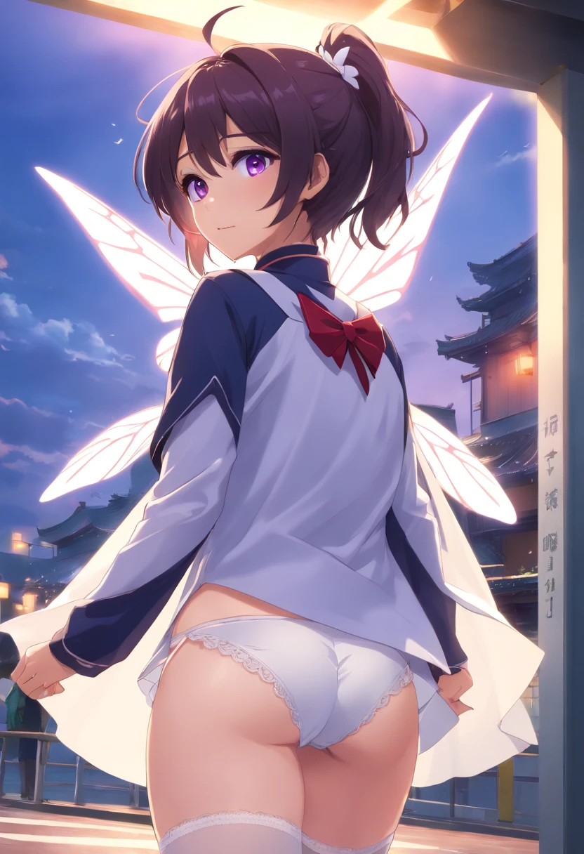 butterfly hair ornament, (Purple eyes:1.1), Side Ponytail, Ponytail, Black skirt, Cape, demon slayer uniform, Long sleeves, Pleated skirt, Very short skirt, white cape,Sexy upper eyes, (Spread your crotch to show your panties:1.5), (Small white panties:1.5)Beautiful, Breathtaking, Highly detailed, 8K, Use, affectionate, Ultra photo realsisim, Scenery