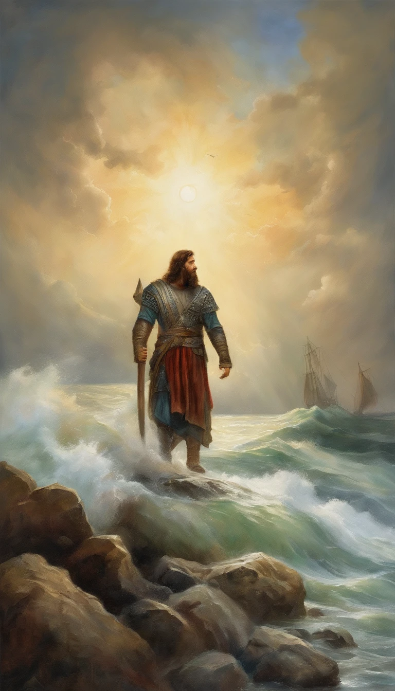 Vickers style, The graphics in the poster design are ocean colors, Living in the North Sea, Control thunderstorms at sea, jesus stand on a rock against dragon and opened his hands, Super sharp,Realistic details,Auspicious clouds, depth of fields, God Ray, fantasy coloring, romanticism lain, art-deco, Cinematic lighting, Depth of field, Sparkle, god light, Ray tracing, Ultra-wide angle, first person perspective, Wide shot, hyper HD, High quality, High details, Textured skin, Best quality