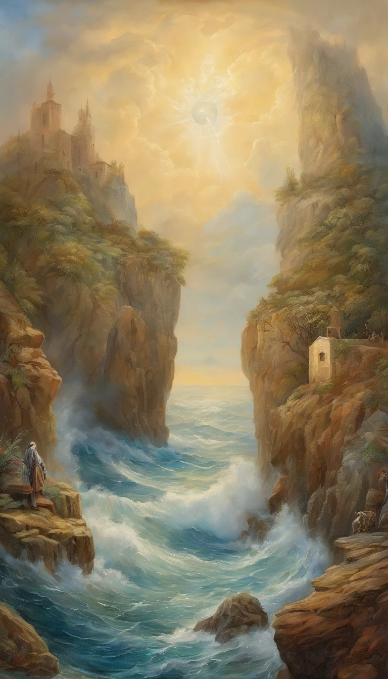 Vickers style, The graphics in the poster design are ocean colors, Living in the North Sea, Control thunderstorms at sea, jesus stand on a rock against dragon and opened his hands, Super sharp,Realistic details,Auspicious clouds, depth of fields, God Ray, fantasy coloring, romanticism lain, art-deco, Cinematic lighting, Depth of field, Sparkle, god light, Ray tracing, Ultra-wide angle, first person perspective, Wide shot, hyper HD, High quality, High details, Textured skin, Best quality