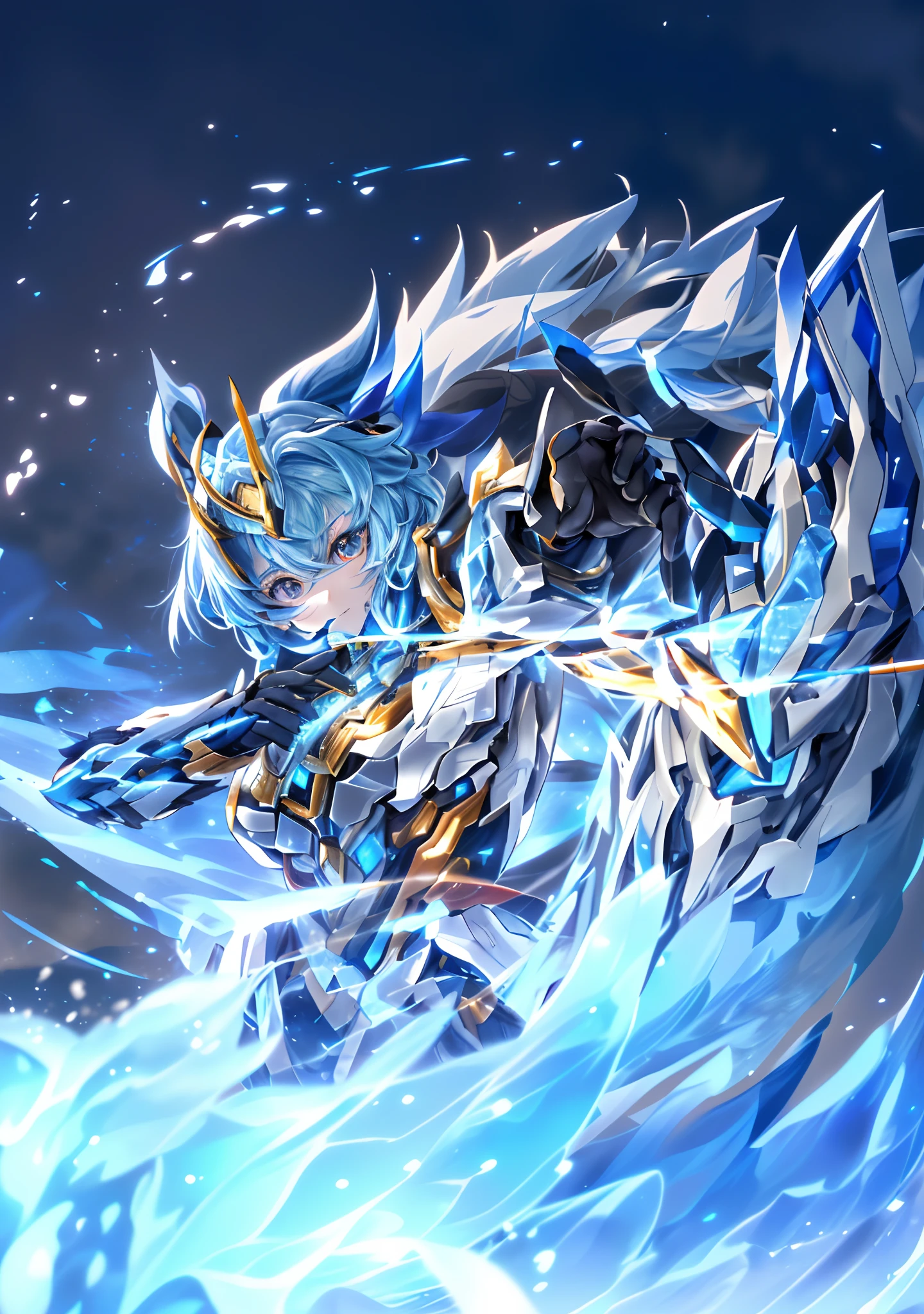 (super wide shot, Close-up of a frontal photo bust,Mecha female warrior close-up,Future warrior style《Mech color: The main color is blue》,(《Reference: Genshin Ganyu》,《Bow and arrow in hand》Emits particle effects,The bow and arrow itself glows blue),Keqing from Genshin Impact, (Masterpiece) , The best quality, High quality,电影灯光, (Exquisite future), Beautiful and beautiful, Ultra detailed, great composition, Floating, Depth of field, (Very detailed CG,Unity 8k壁纸), (Beautiful detail background), dramatic lights, GOGETTA, Mecha,best qualtiy,Ultra-high 8K Ultra HD,digital SLR camera,high qulity,Film particle resolution,detailed face with,opulent,milkyW,Highly detailed skin,Realistic details of skin,Visible Pore,tack sharp focus,volume fog,8K UHD,digital SLR camera,high qulity,filmgrain,White skin of the