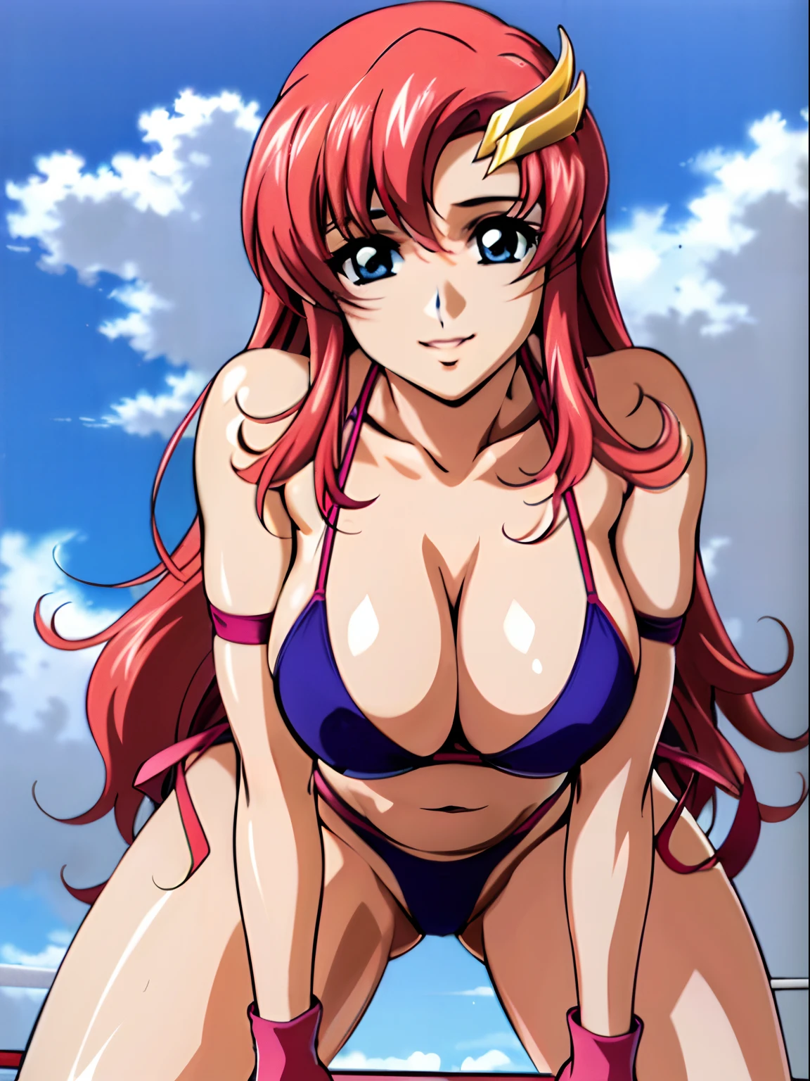 (masterpiece, upper body view from below, 4K, Best Quality, Anime style: 1.9, , tall, Adult Woman, ultra detailed face, (cloud background, wrestling), Drawing lines, high resolution, Anime, lacus4), 1girl, Solo, curvy figure, Long hair, 鎖骨, scapular, (Detailed wide hair bangs, Hair Ornament, Detailed reddish-pink hair, golden crest), cleavage, large hands, (female wrestler). (Big blue eyes, shiny eyes), ((hands on knees, broad shoulders)), ((perfect proportions, medium breasts, long belly)), (((bikini, pink wrestling gear))), happy, smile, (standing, leaning forward, looking at the viewer)
