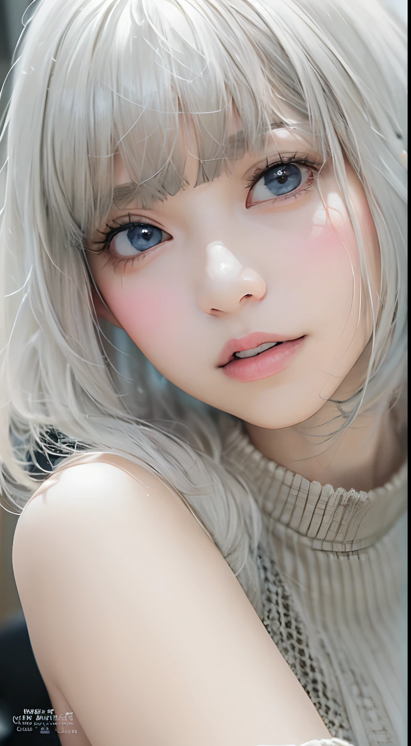 (top-quality, 8K, 32K, masterpiece, nffsw:1.2), Cute Japan Female Pictures, 1 rapariga,(Tall lady), (abdominals), full body Esbian、co-sleeping、(moist lips),Black lace、neck lace、 Lightly open mouth, (Medium short golden hair), 二重まぶた, wetted skin, T back, Realistic rays, Gray tones、White Bob Cut、Silver hair、knitted sweater、