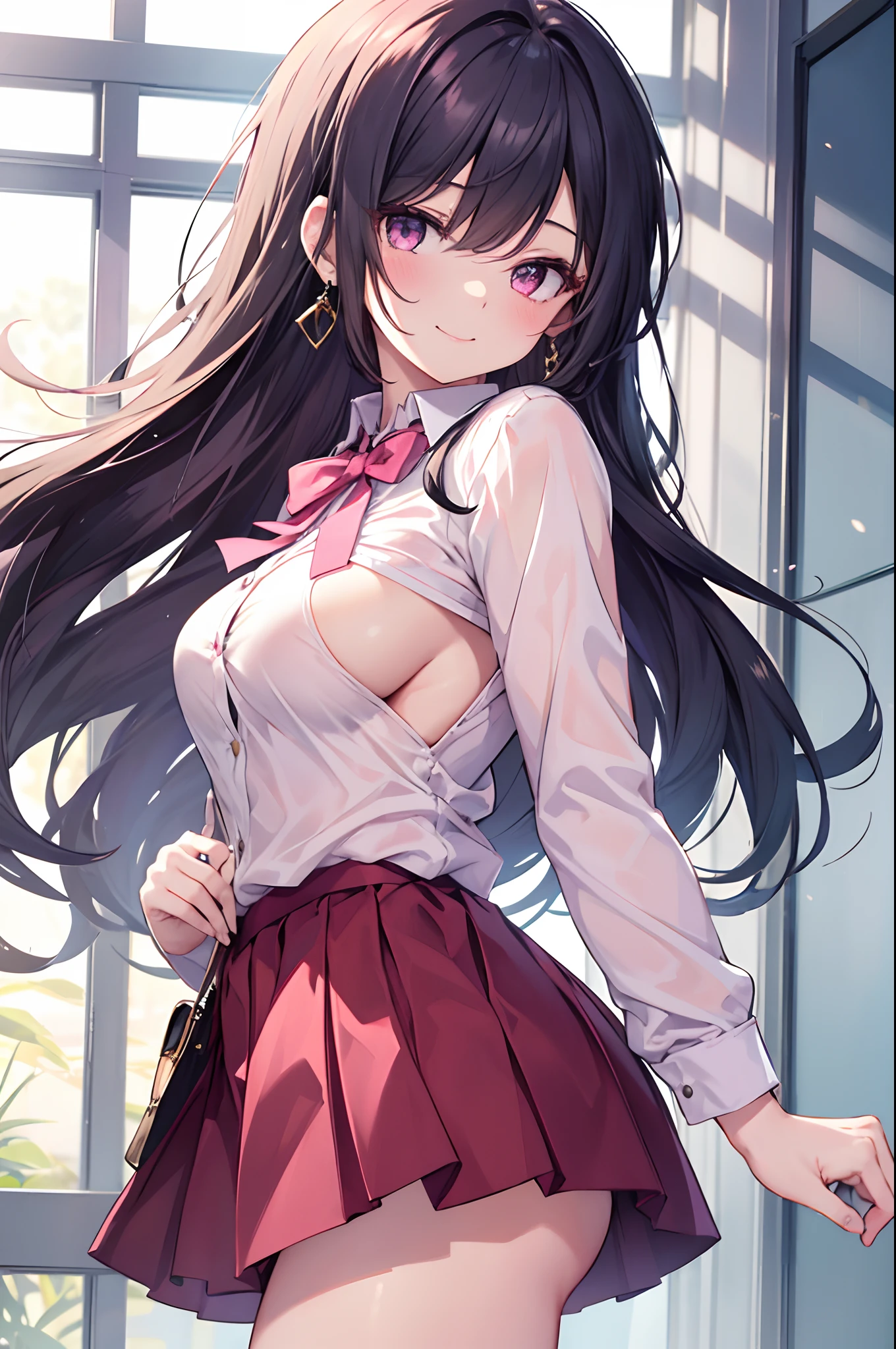 1girl, solo, from side, hand_on_own_hip, side boob, joyful smile, one eye close, finger on the mouth, bowtie, skirt ,jewelry, indoor, pink shirt, neck ribbon