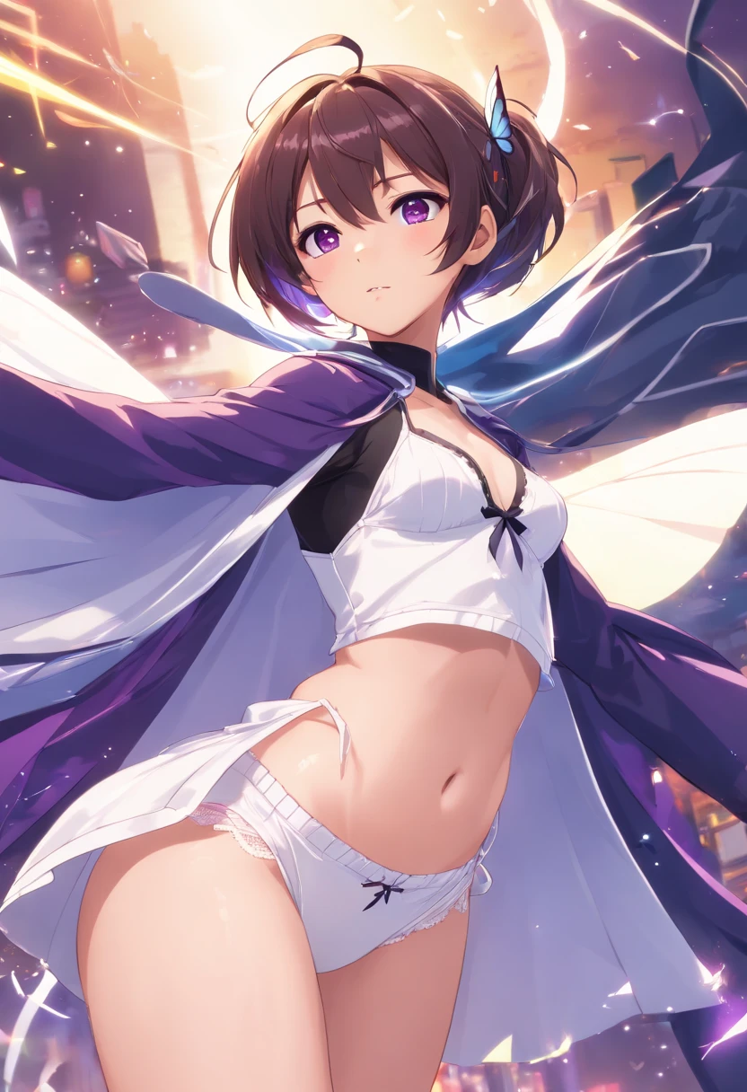butterfly hair ornament, (Purple eyes:1.1), Side Ponytail, Ponytail, Black skirt, Cape, demon slayer uniform, Long sleeves, Pleated skirt, Very short skirt, white cape,Sexy upper eyes, (Spread your crotch to show your panties:1.5), (Small white panties:1.5)Beautiful, Breathtaking, Highly detailed, 8K, Use, affectionate, Ultra photo realsisim,