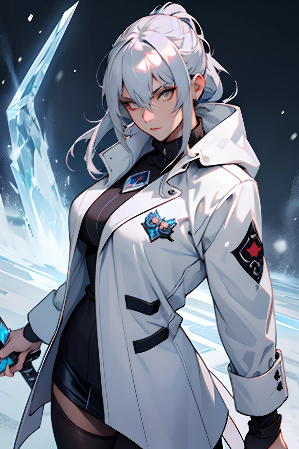 white eyes, dark silver hair medium a little bit light blue pastel, velvet clothes, overcoat, young, tights, russian, genshin-impact, ice vision, catalyst, cold gaze, snow, archon, hot woman, mommy vibes, 27 years old, badass, with a big ice sword powers