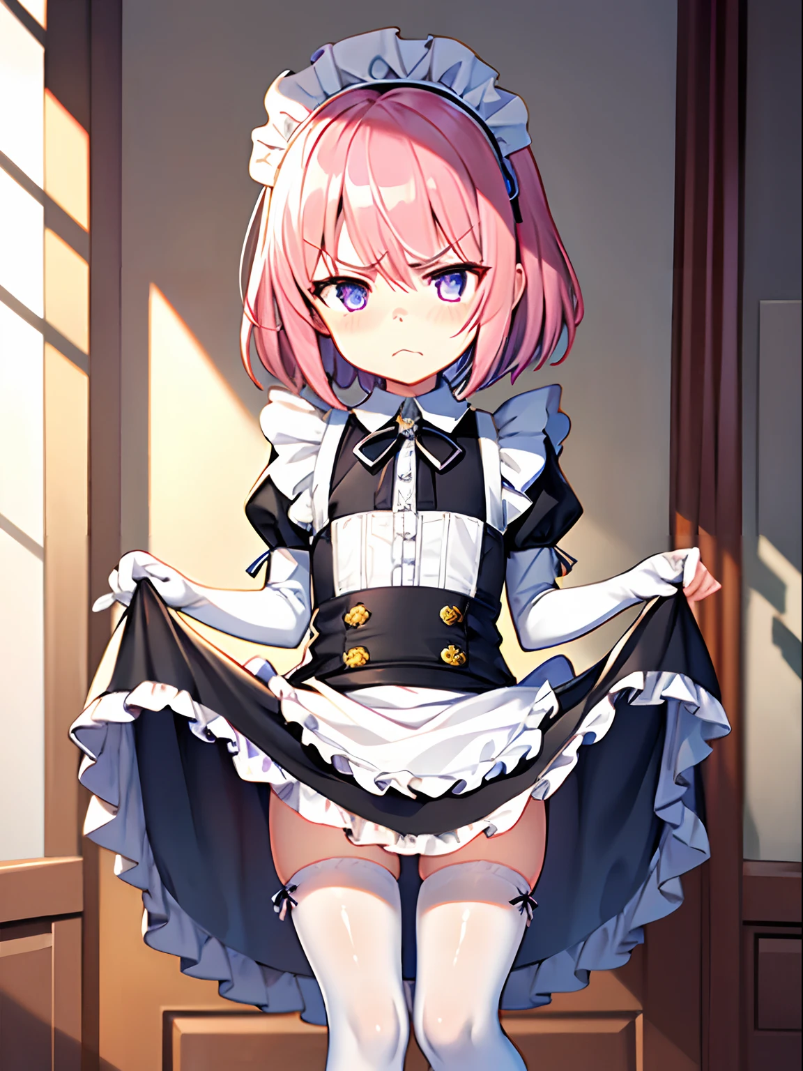 Highly detailed and realistic CG, Colorful , illustration, animation, Best Quality, 1boy, solo, otokonoko, tomboy, shota, petite, child toddler, 8 years old, pink hair, shiny hair, short hair, flipped hair, hair over one eye, sidelocks, baby face, powder light, flat chest, black maid dress, frilled maid dress, puffy sleeves, frilled miniskirt, shiny skin, long maid boots, white tights, full body, standing, skirt lift, lifted by self, (frown:1.5), (jig eyes:1.3), hollow eyes, half-closed eyes, open mouth, blush, maid headdress, white elbow gloves, room, outline, violet eyes, twinkle eyes, skinny legs, from front,