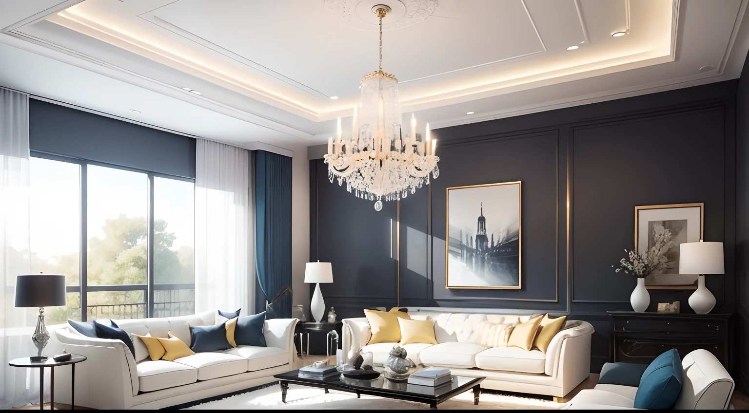 Raw photo,Masterpiece, high quality, best quality, authentic, super detail, luxury living room interior, luxurious tyle, neutral light color tone, (realistic:1.2),