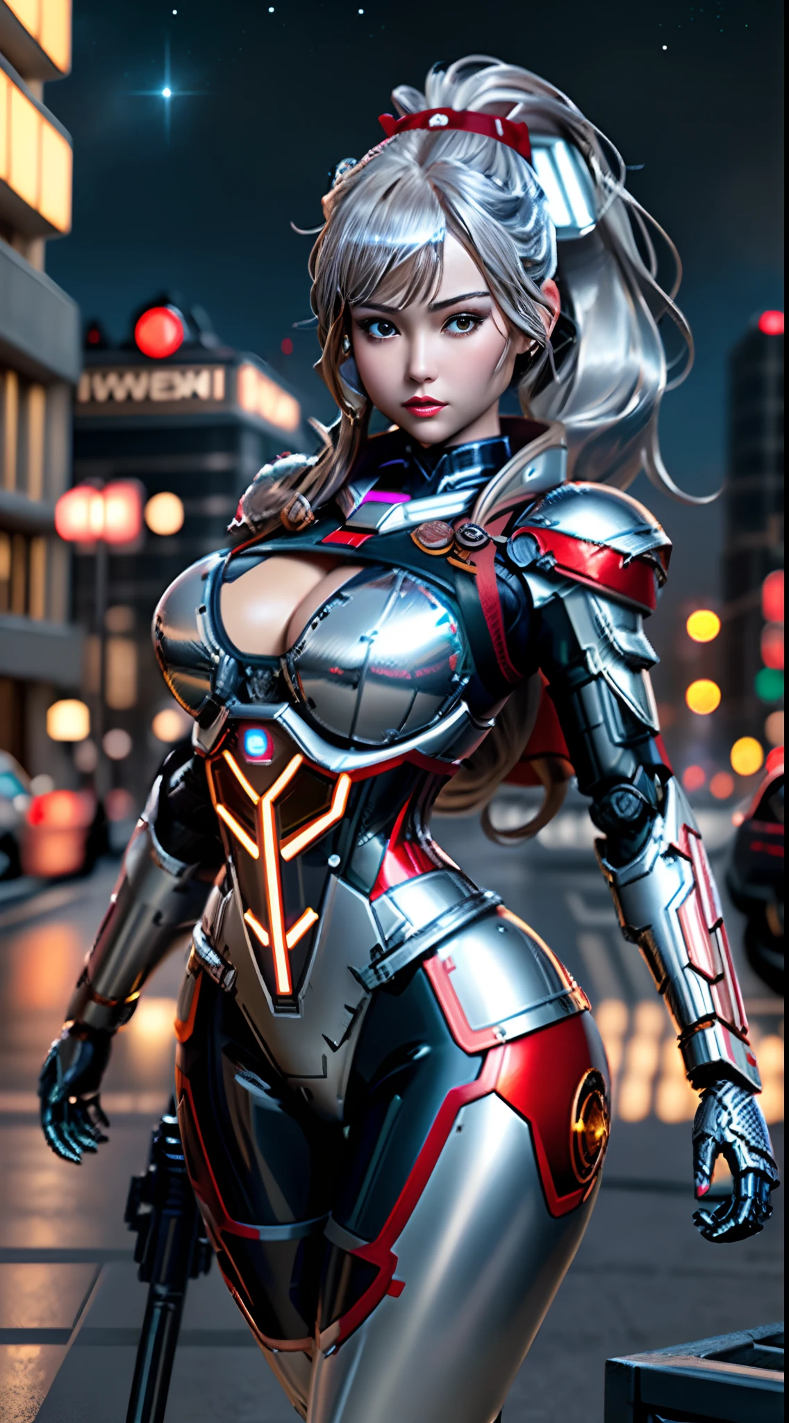 (Realistic: 1.2), masutepiece, Best Quality, ultra-detailliert, very detailed illustration, Very detailed, intricate detailes, High resolution, Super Intricate Details,Thick details,super detailing,8K,32K,(neons),1girl in, (Full metal body,Fully machine-made armor,Fiber optic body: 1.2), (Realistic metallic glow,metallic silver body), cowboy lens, Caustics, Reflectors,Metal Heroine Theme, Silver and red body,Metallic Red Body,nebulas, Network Effects, (1girl in: 1.4), Solo, ((Mechanical face guard,Mechanical parts, Single robot arm))), Complex mechanical tights, mecha corset, Heavy Full Armor, ((Holding a large gun in your hand)),Detailed eyes, Detailed red iris, Random expressions, Random movement,Random posture,Futuristic skyscrapers, Ponds, Starry sky, sky line, ((long hair flowing with the wind, High Up Ponytail,slender abdomen,Colossal tits:1.9,,,, ,Colossal tits:1.9,,,, ,perfectly proportions,Sensual body lines,Sexy proportions,Overhanging udder)),dynamicposes,dynamic ungle,城市,nighttime scene,natta,glowing sword in hand、With a big gun,cloak flittering in the wind,best ratio four finger and one thumb
