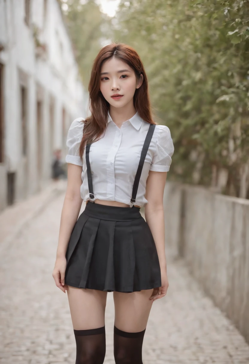 Super short JK skirt,Open skirt bottom,cropped shoulders,Slightly bared chest,black lence stockings,18-year-old girl