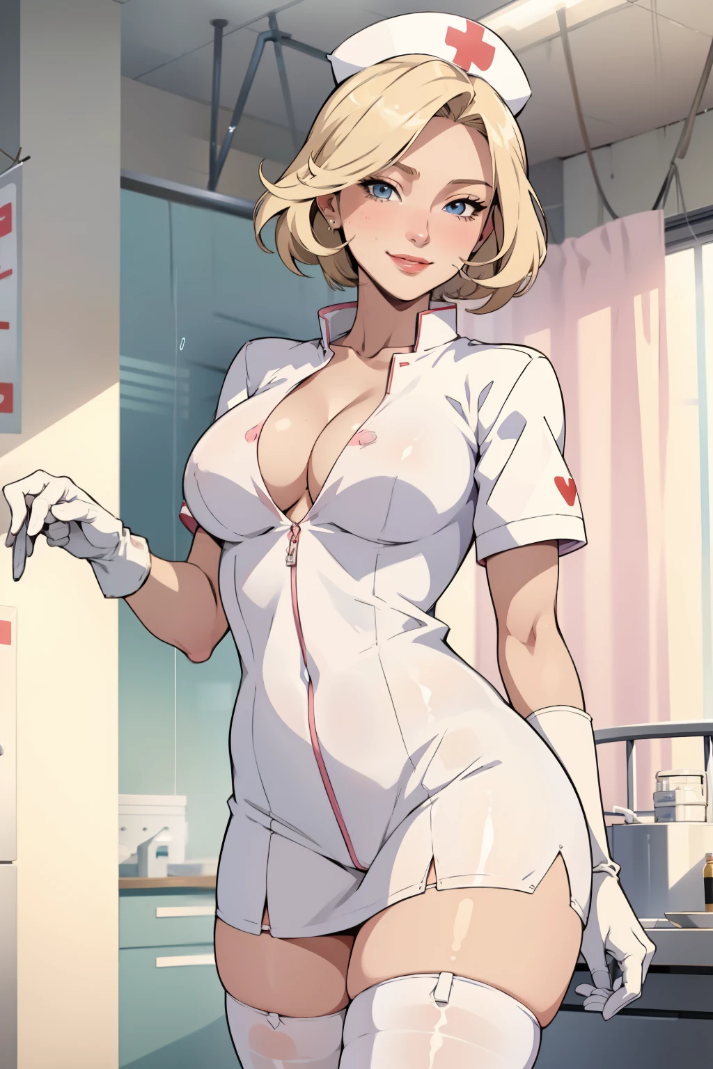 1woman, Nurse, nurse uniform, Nurse Cap, Whiteware, ((White legwear, zettai ryouiki)), White Gloves, Blonde hair, Blue eyes, pink lipsticks, Smile, Standing, sharp outline, Short sleeves, a mature female, 35 year old, Best Quality, masterpiece, infirmary, As chest shows, chest escaping, rain on face, sensuous pose, tit visible