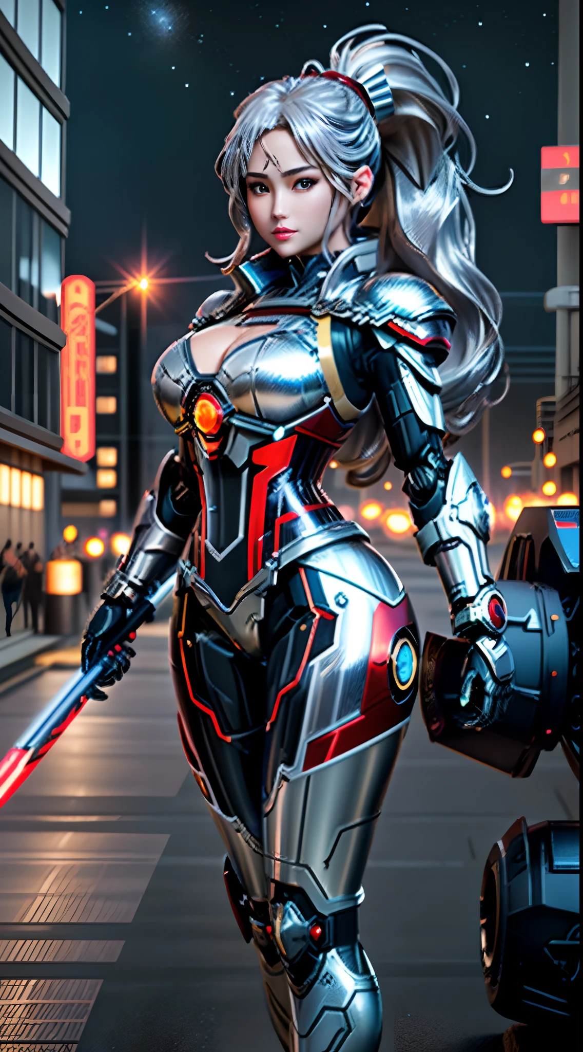 (Realistic: 1.2), masutepiece, Best Quality, ultra-detailliert, very detailed illustration, Very detailed, intricate detailes, High resolution, Super Intricate Details,Thick details,super detailing,8K,32K,(neons),1girl in, (Full metal body,Fully machine-made armor,Fiber optic body: 1.2), (Realistic metallic glow,metallic silver body), cowboy lens, Caustics, Reflectors,Metal Heroine Theme, Silver and red body,Metallic Red Body,nebulas, Network Effects, (1girl in: 1.4), Solo, ((Mechanical face guard,Mechanical parts, Single robot arm))), Complex mechanical tights, mecha corset, Heavy Full Armor, ((Holding a large gun in your hand)),Detailed eyes, Detailed red iris, Random expressions, Random movement,Random posture,Futuristic skyscrapers, Ponds, Starry sky, sky line, ((long hair flowing with the wind, High Up Ponytail,slender abdomen,Colossal tits:1.9,,,, ,Colossal tits:1.9,,,, ,perfectly proportions,Sensual body lines,Sexy proportions,Overhanging udder)),dynamicposes,dynamic ungle,城市,nighttime scene,natta,glowing sword in hand、With a big gun,cloak flittering in the wind,best ratio four finger and one thumb