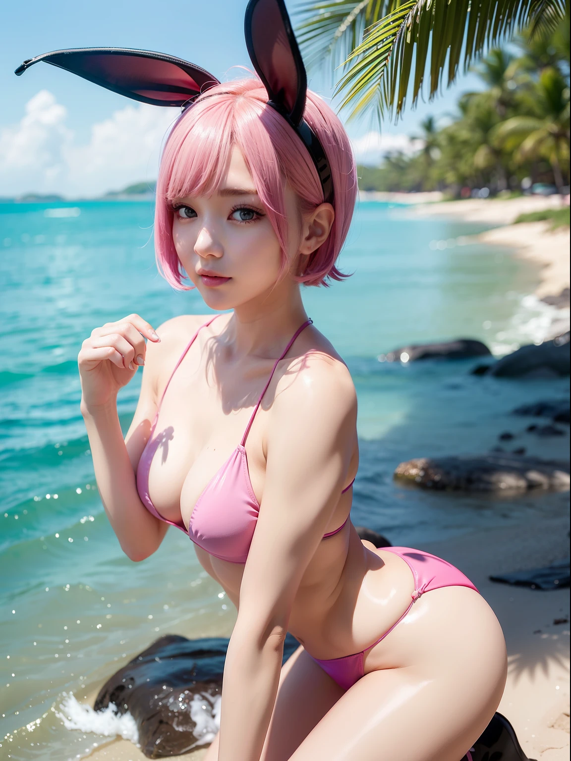 The bikini、sand beach、in Hawaiian beaches,(8K, top-quality, masterpiece:1.2), (realisitic, Photorealsitic:1.37), ultra-detailliert, 1 girl in, Whole body esbifa layer、cute little、独奏、Beautiful detailed night sky、tiny chest、small tits、(short-hair:1.2)、Floating Hair NovaFrogStyle、masuter piece、Pink Shortcut Bob、Realistic rabbit ears、Pink realistic rabbit ears、Realistic ears of rabbits sticking out of the head、Pink hair、Beautiful girl in her 20s、Bewitching atmosphere、Beautiful shaped hands、K-POP、Pink rabbit ears、1 girl in、独奏、masterpiece、top-quality、realisitic、Hyper-detailing、(Glossy skin:1.4)、absurderes、short pink hair、Slender beauties、动态照明、hight resolution、foco nítido、depth of fields、(thick thight:1.0)、A slender :1.2,((Short-cut bob hair))、((k pop:1.3)),Highly detailed facial and skin texture、((魅惑的)),Anatomically correct number of fingers,Correct anatomy
