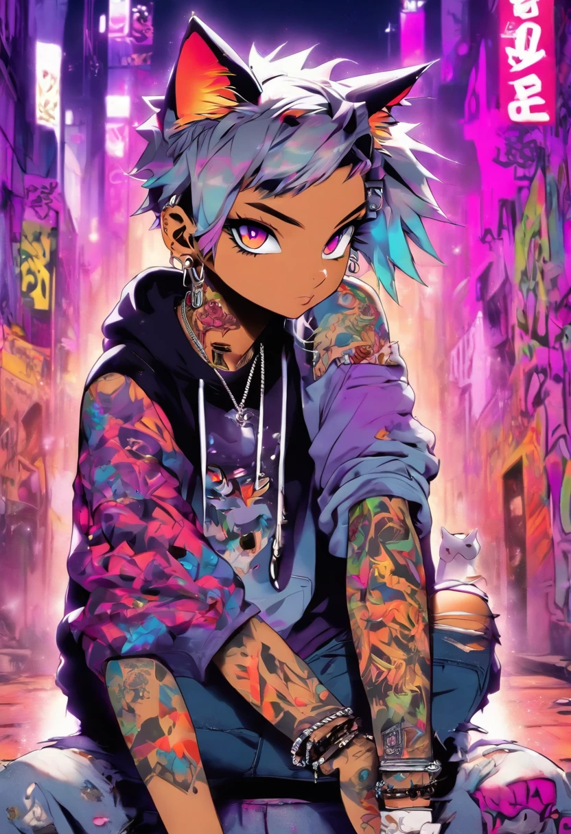 A cool and trendy cat, platinum hair, purple eyes, wearing trendy hip hop clothing, wearing a hoodie, graphic t-shirt and torn jeans, tons of tattoos and piercings, graffiti style background, highly detailed background, perfect masterpiece, high quality, high resolution