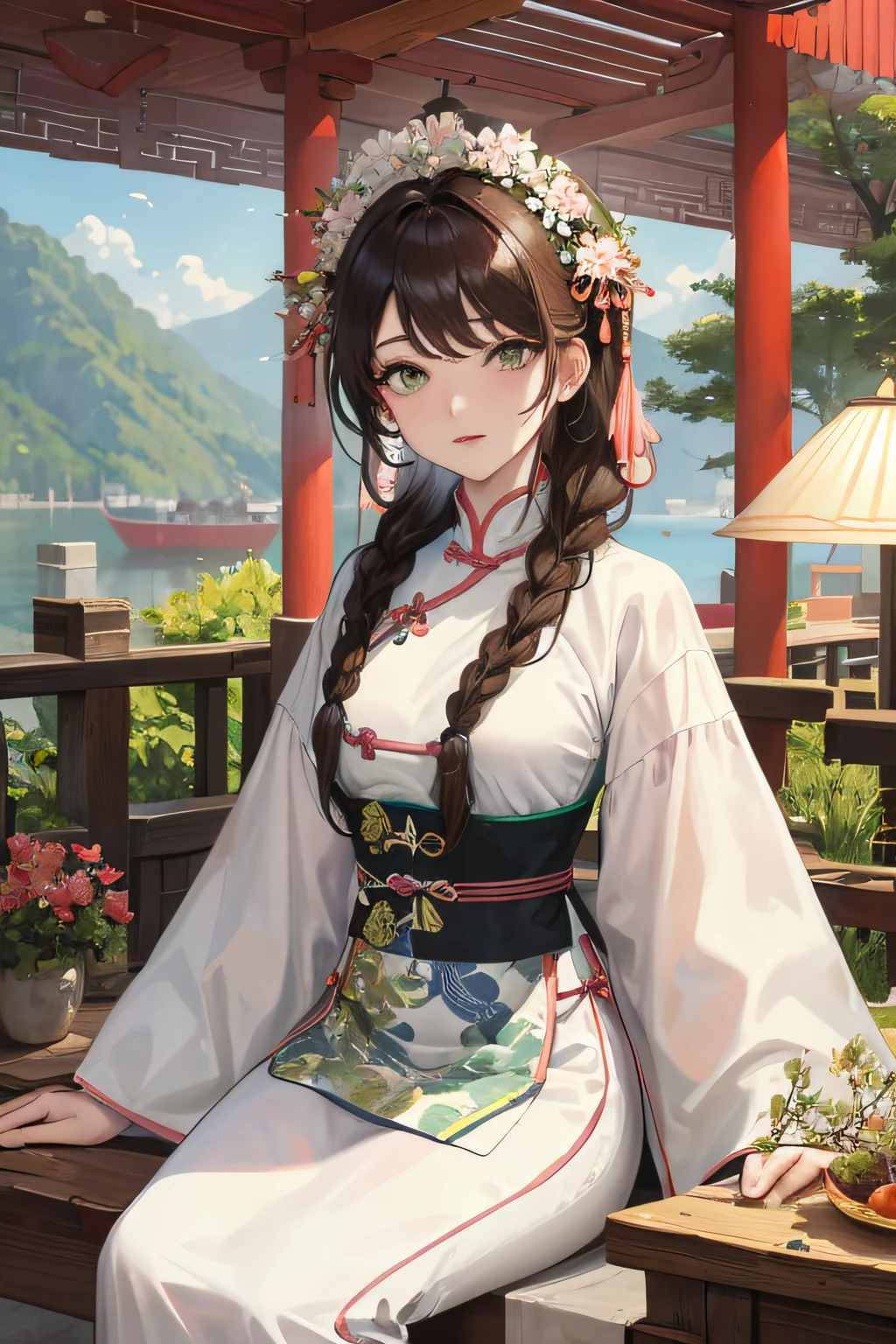 Masterpiece, Best quality, Daytime, En plein air, Water's Edge, festivity, celebrating, A woman who is, Mature woman, Chinese style, Ancient China, sister, Imperial sister, Cold expression, Expressionless face, Dark brown hair, Green eyes, Single strips of fried dough twisted braid, Coiled hair, Double ball head, Green clothes, Light pink lips, calm, Intellectual, Media distribution, Hairpin, doctor, herbal medicine