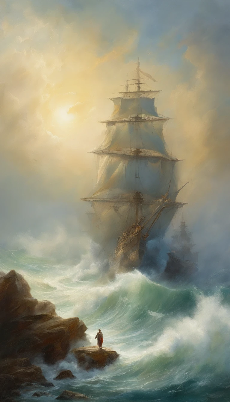 Vickers style, The graphics in the poster design are ocean colors, Living in the North Sea, Control thunderstorms at sea, portrait of jesus with white robe peacefully stand on a rock against dragon and opened his hands, Super sharp,Realistic details,Auspicious clouds, depth of fields, God Ray, fantasy coloring, romanticism lain, art-deco, Cinematic lighting, Depth of field, Sparkle, god light, Ray tracing, Ultra-wide angle, first person perspective, Wide shot, hyper HD, High quality, High details, Textured skin, Best quality