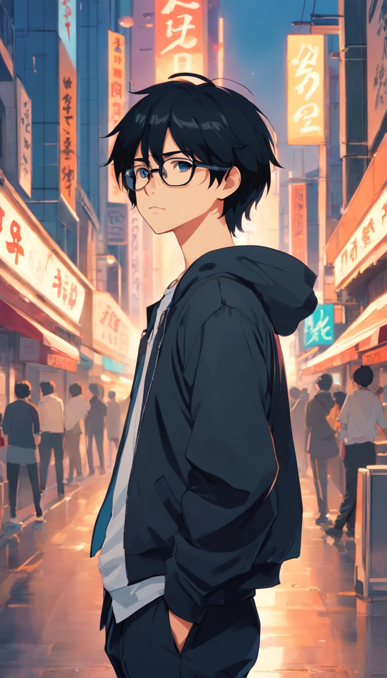 -yeld boith bangs,black hair,shoulder-length hair,black jacket,black pants,white t-shirt, glasses,cool and brooding expression,line art,dangling accessories.