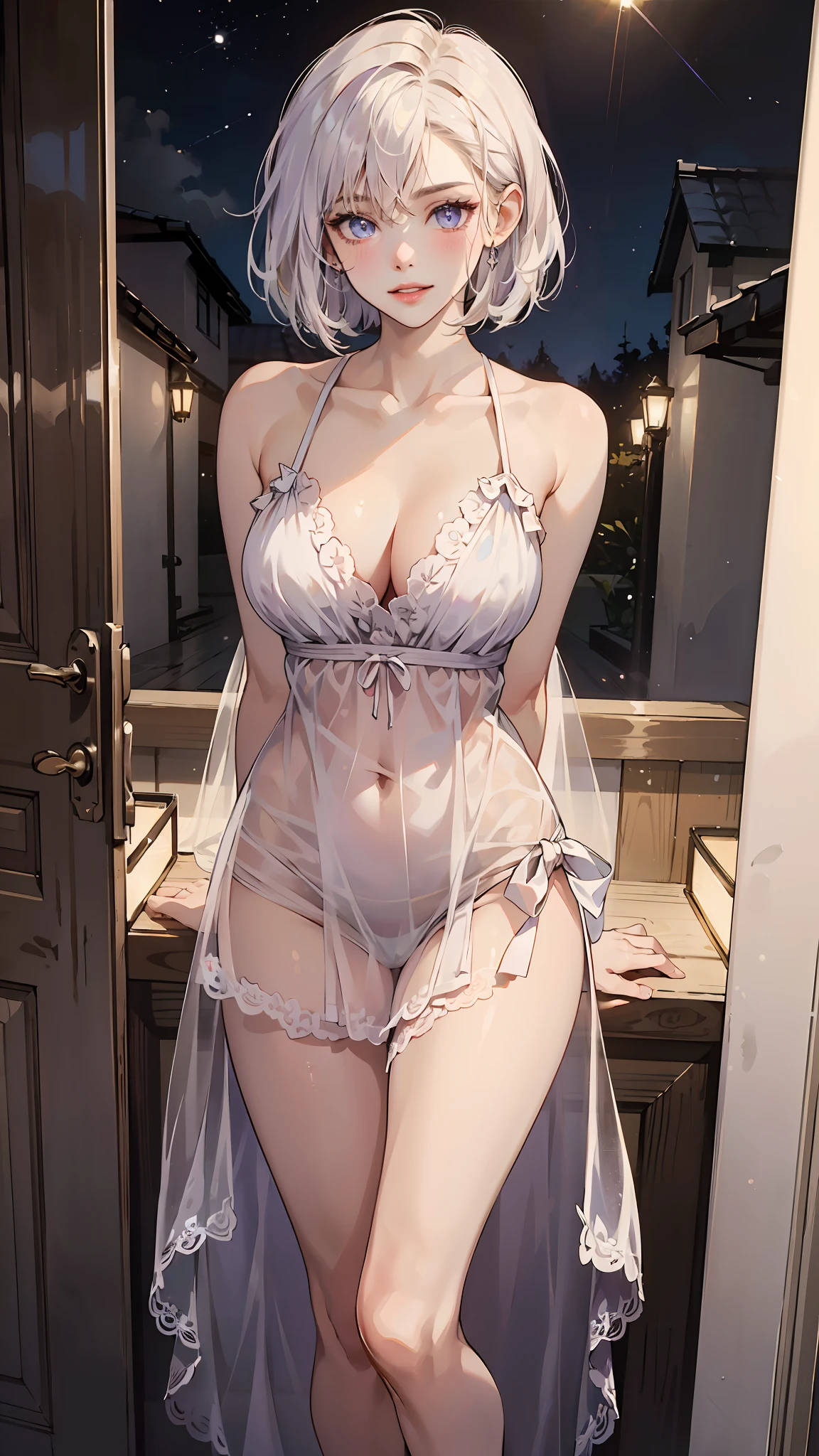 ((((masterpiece, best quality, high resolution)))), 1girl, white hair, purple eyes, short wavy hair, bob cut, (large breasts: 1.2), blush, light smile, parted lips, glow, thighs, bare shoulders, collarbone, narrow waist, cleavage, (beautiful detailed face, beautiful detailed eyes), long slender thighs, perfect eyes, looking at the viewer, seductive looks, seductive pose, standing on the door, arms behind back, night time, satin nightgown, see through, translucent,