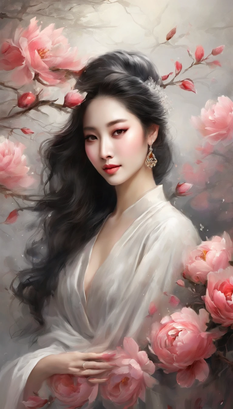 Yun wants to wear clothes and flowers to look good，The spring breeze blows Revlon。if it were not for the jade mountain, I'll see you，Will meet Yaotai moon。A beautiful concubine in ancient China, Yang Yuhuan，Yang，elegant，A shallow shy smile,（Black colored eyes），holding peony flower，（Very detailed and perfect facial depiction）,(Black coiled hair）,（Half-body appearance），Silk fabric, (Long sleeves floating), is dancing,Happy,White kitten， (There is a bright full moon in the distant sky:1.2),（surrounded by flower:1.2), vivd colour, （Autumn tones:1.2)，（Moonlit night tonal effect:1.1），（light and shadow effect）,（vivd colour）,（Color splattering）,（Obvious layers）,（Ink painting style:1.2）,（Photography Award）,（8k wallpaper）,（Masterpiece）,（best qualtiy）,A picture,realisticlying