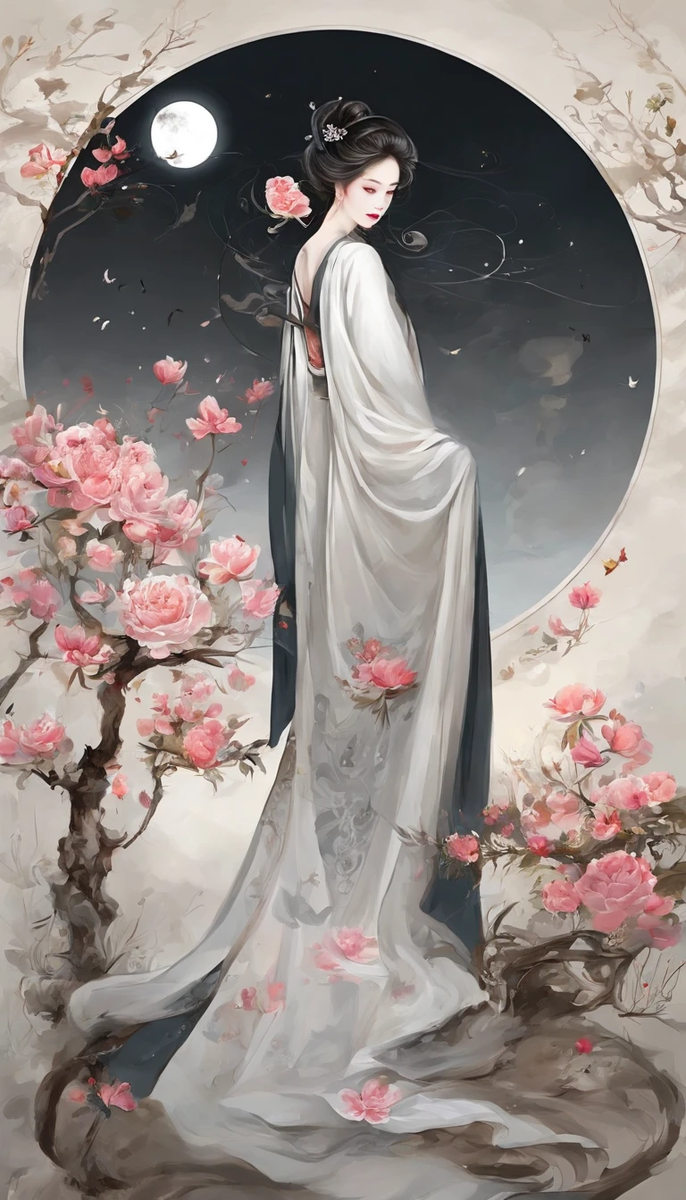 Yun wants to wear clothes and flowers to look good,The spring breeze blows Revlon。if it were not for the jade mountain, I'll see you,Will meet Yaotai moon。A beautiful concubine in ancient China, Yang Yuhuan,Yang,elegant,A shallow shy smile,(Black colored eyes),holding peony flower,(Very detailed and perfect facial depiction),(Black coiled hair),(Half-body appearance),Silk fabric, (Long sleeves floating), is dancing,Happy,White kitten, (There is a bright full moon in the distant sky:1.2),(surrounded by flower:1.2), vivd colour, (Autumn tones:1.2),(Moonlit night tonal effect:1.1),(light and shadow effect),(vivd colour),(Color splattering),(Obvious layers),(Ink painting style:1.2),(Photography Award),(8k wallpaper),(Masterpiece),(best qualtiy),A picture,realisticlying