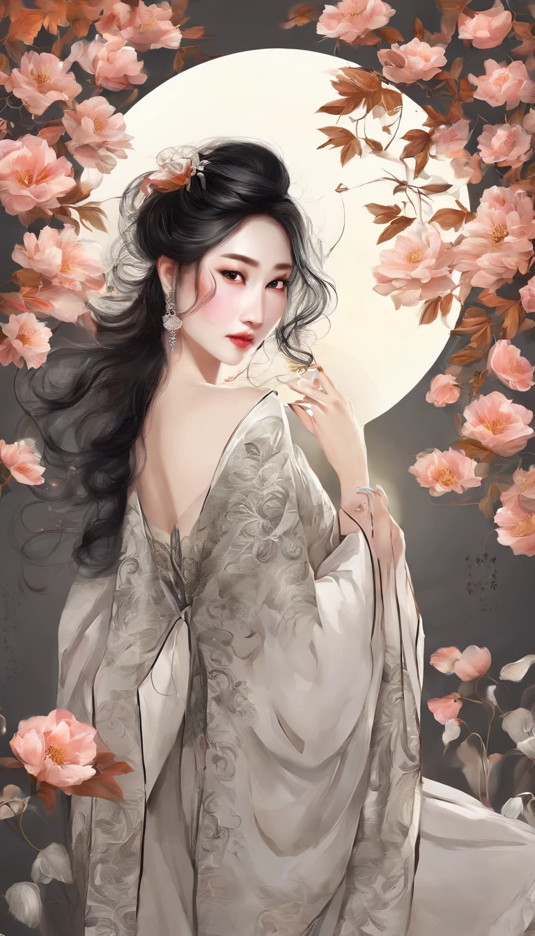 Yun wants to wear clothes and flowers to look good，The spring breeze blows Revlon。if it were not for the jade mountain, I'll see you，Will meet Yaotai moon。A beautiful concubine in ancient China, Yang Yuhuan，Yang，elegant，A shallow shy smile,（Black colored eyes），holding peony flower，（Very detailed and perfect facial depiction）,(Black coiled hair）,（Half-body appearance），Silk fabric, (Long sleeves floating), is dancing,Happy,White kitten， (There is a bright full moon in the distant sky:1.2),（surrounded by flower:1.2), vivd colour, （Autumn tones:1.2)，（Moonlit night tonal effect:1.1），（light and shadow effect）,（vivd colour）,（Color splattering）,（Obvious layers）,（Ink painting style:1.2）,（Photography Award）,（8k wallpaper）,（Masterpiece）,（best qualtiy）,A picture,realisticlying
