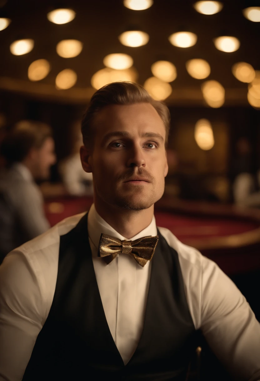 "Portrait of Father," a casino, blonde, entirely golden, golden skin, dealer, cleanliness, wearing a vest, wearing long sleeves, wearing a bowtie, facing this way, mouth open, facing forward.