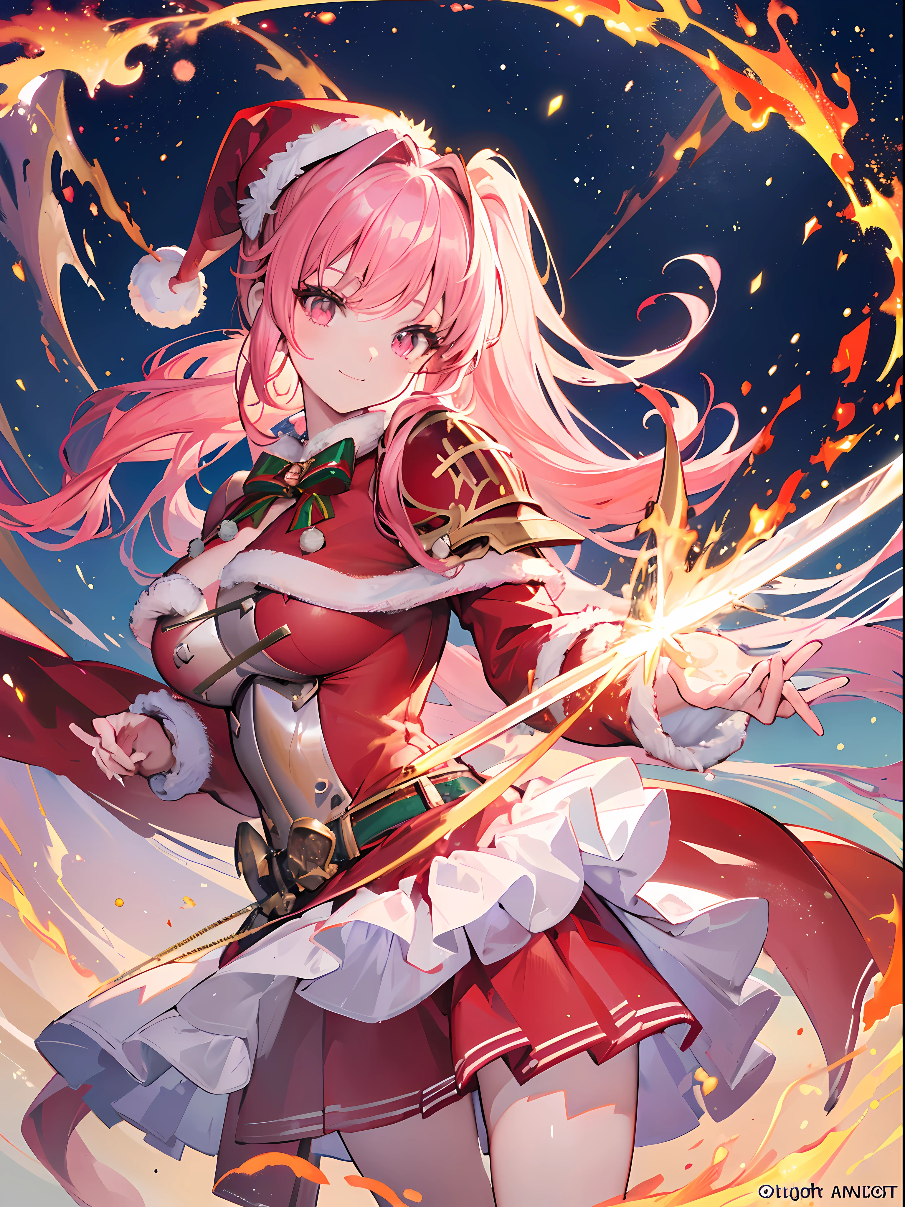 (Best Quality, masterpiece:1.3), Illustrations, Anime, Very high resolution, large filesize, full color, Beautiful detailed glow, Front light, 1girl, Solo, Christmas, (santa hat), ((Santa costume|Knight armor:1.3)), (gigantic swords:1.2), Christmas Decorations, Smiling, pink hair, Side ponytail, pink eyes, dragon wing, Dynamic Angle, (Fire effects:1.4), Fighting,
