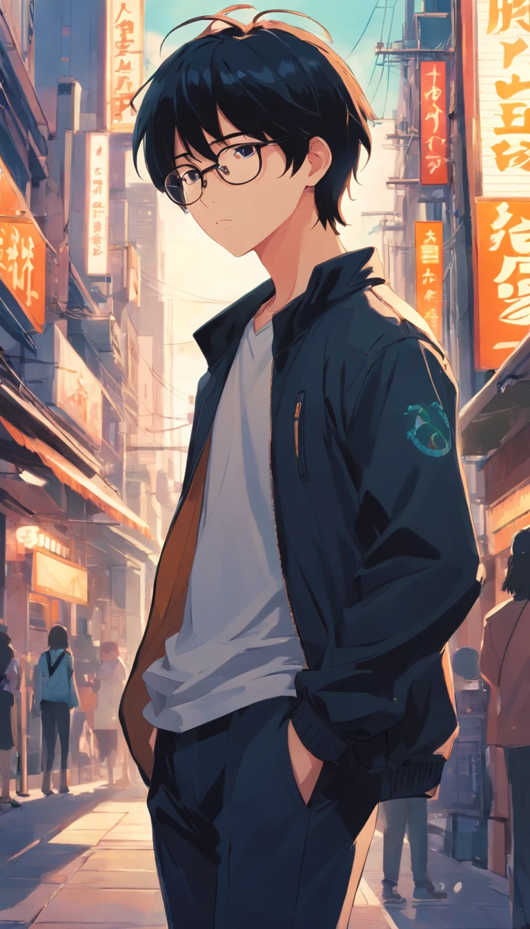 16-year-old boy with bangs,Black hair,Shoulder-length hair,Black jacket,Black pants,White T-shirt, Glasses,Cool contemplative expression,Line art,Suspension fittings.