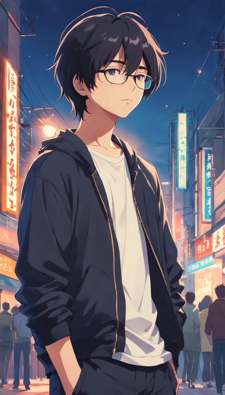 16-year-old boy with bangs,Black hair,Shoulder-length hair,Black jacket,Black pants,White T-shirt, Glasses,Cool contemplative expression,Line art,Suspension fittings.